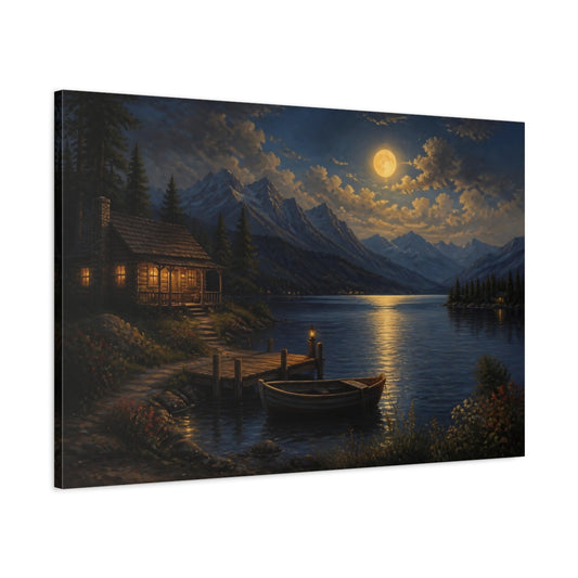 Main Mockup. Moonlit Lakeside Cabin shown as canvas print