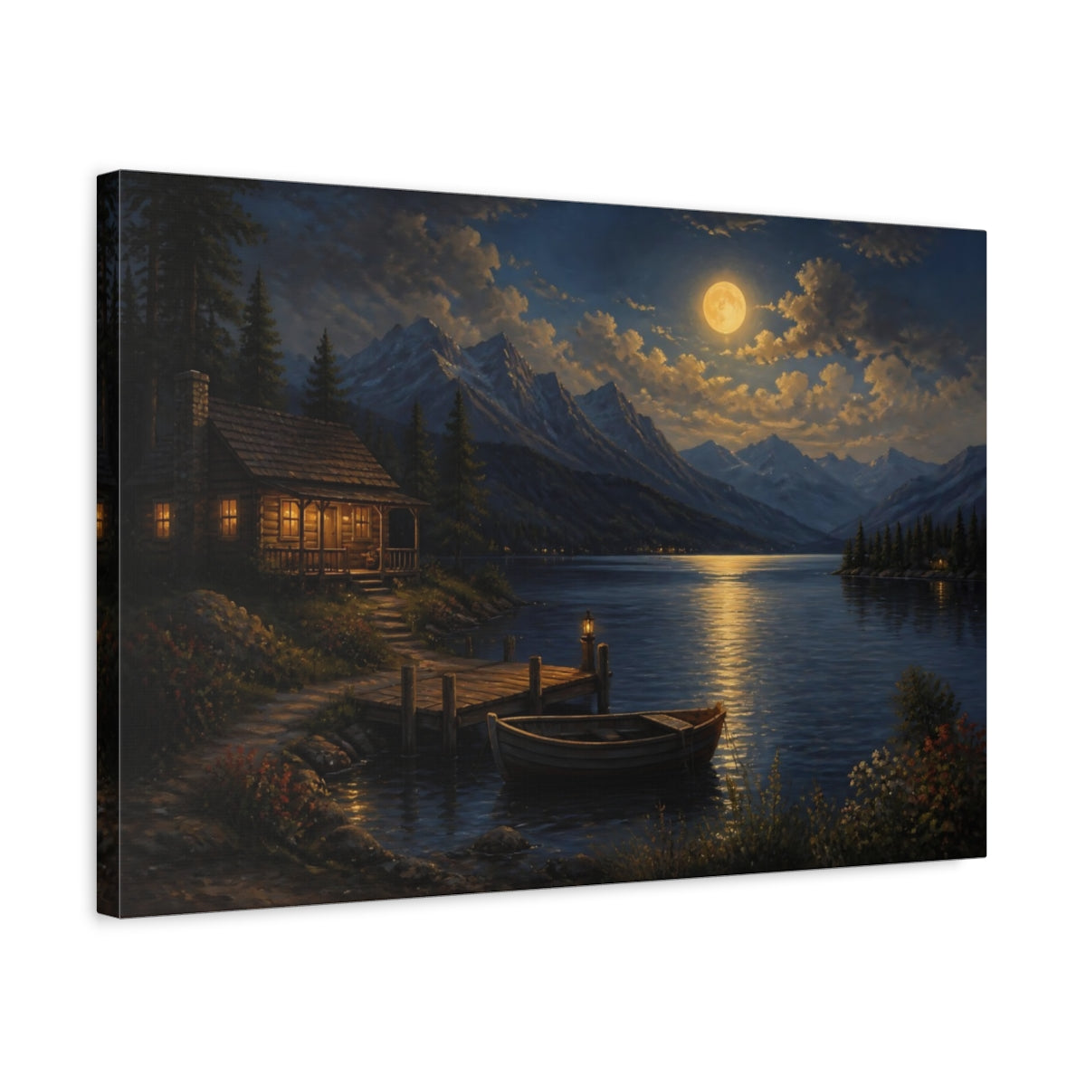 Side Mockup 3. Moonlit Lakeside Cabin shown as canvas print