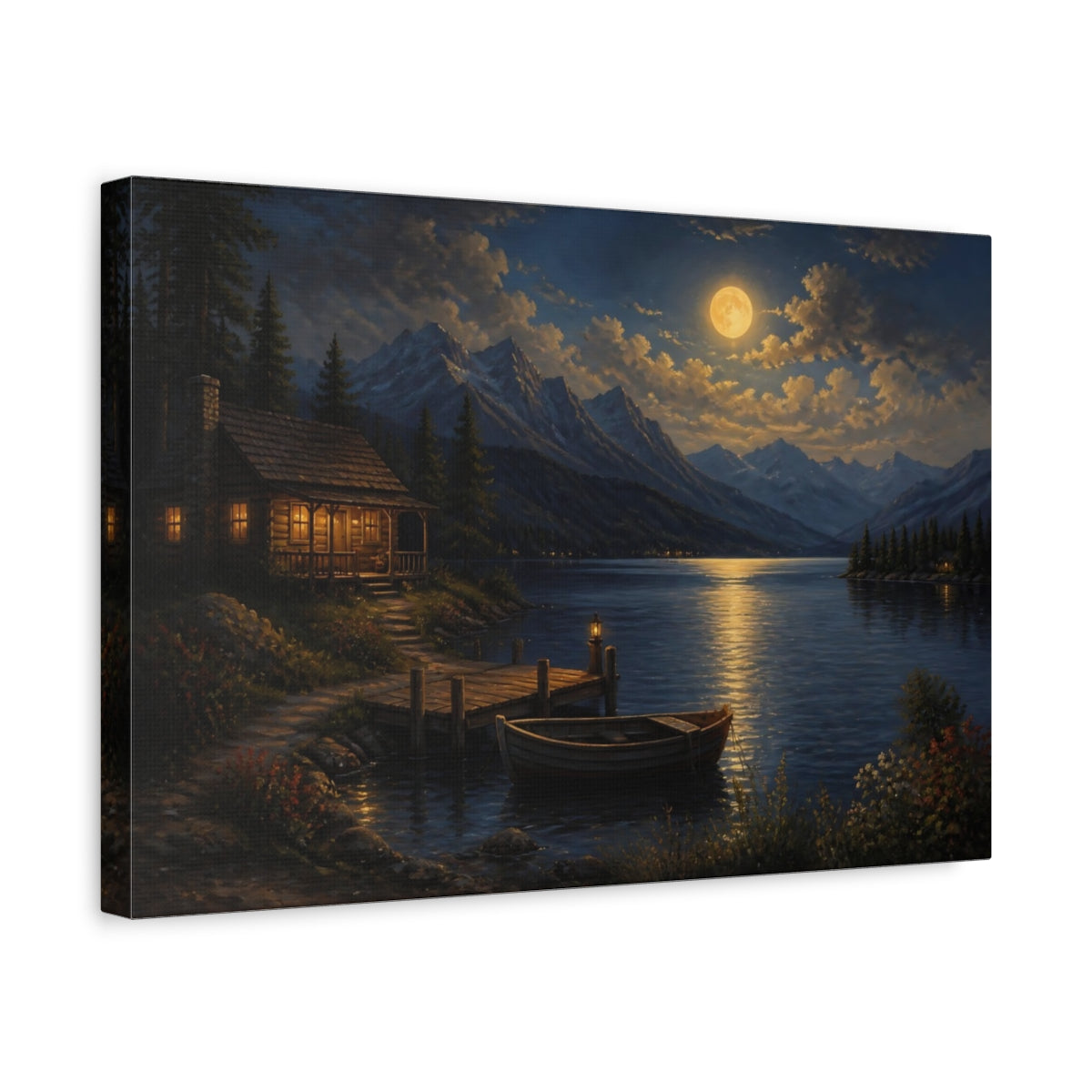 Side Mockup 4. Moonlit Lakeside Cabin shown as canvas print
