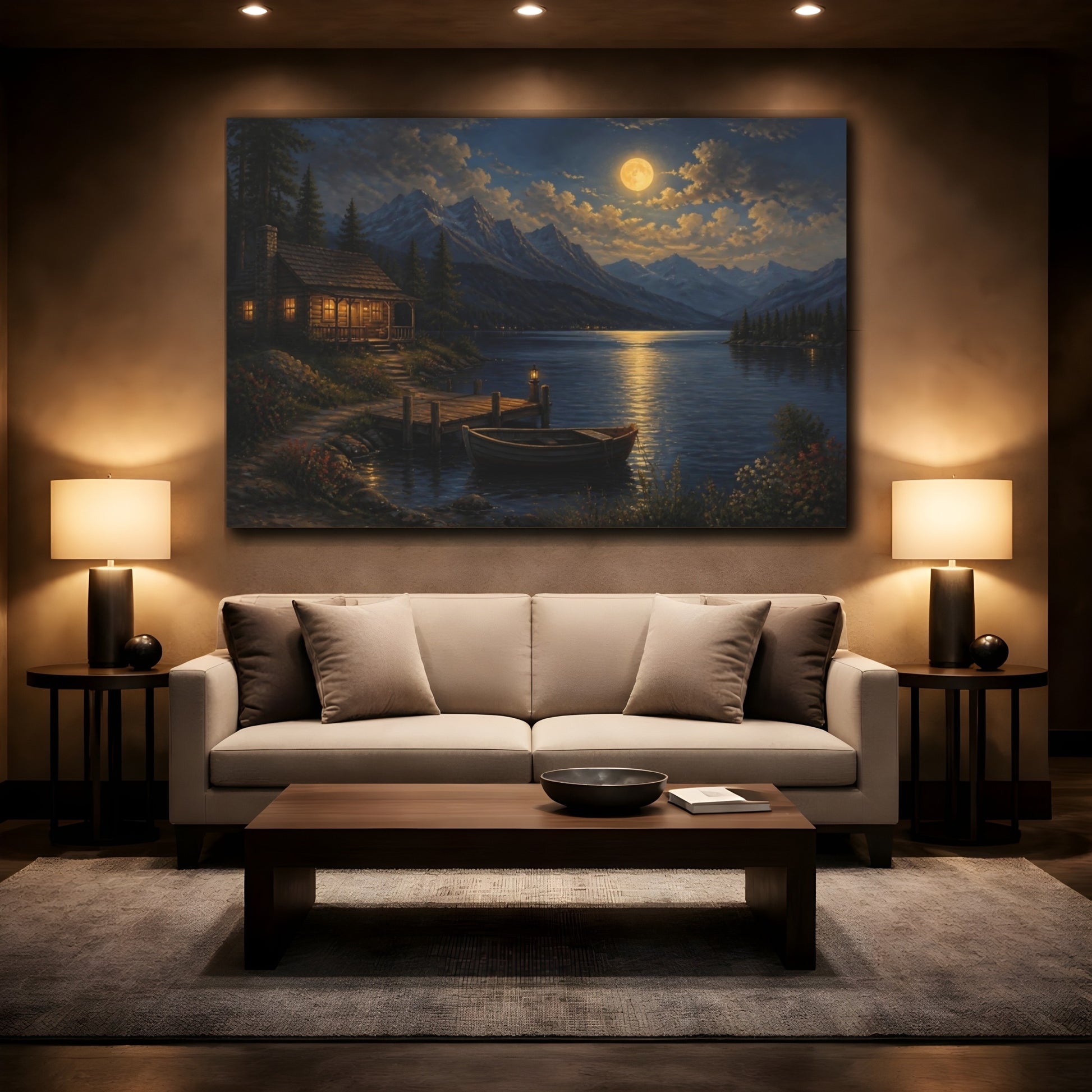 Mockup 2. Moonlit Lakeside Cabin shown as canvas print