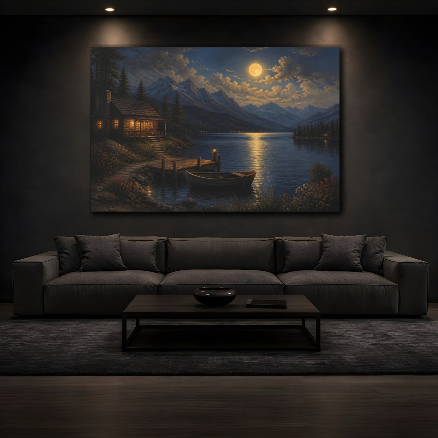 Mockup 3. Moonlit Lakeside Cabin shown as canvas print