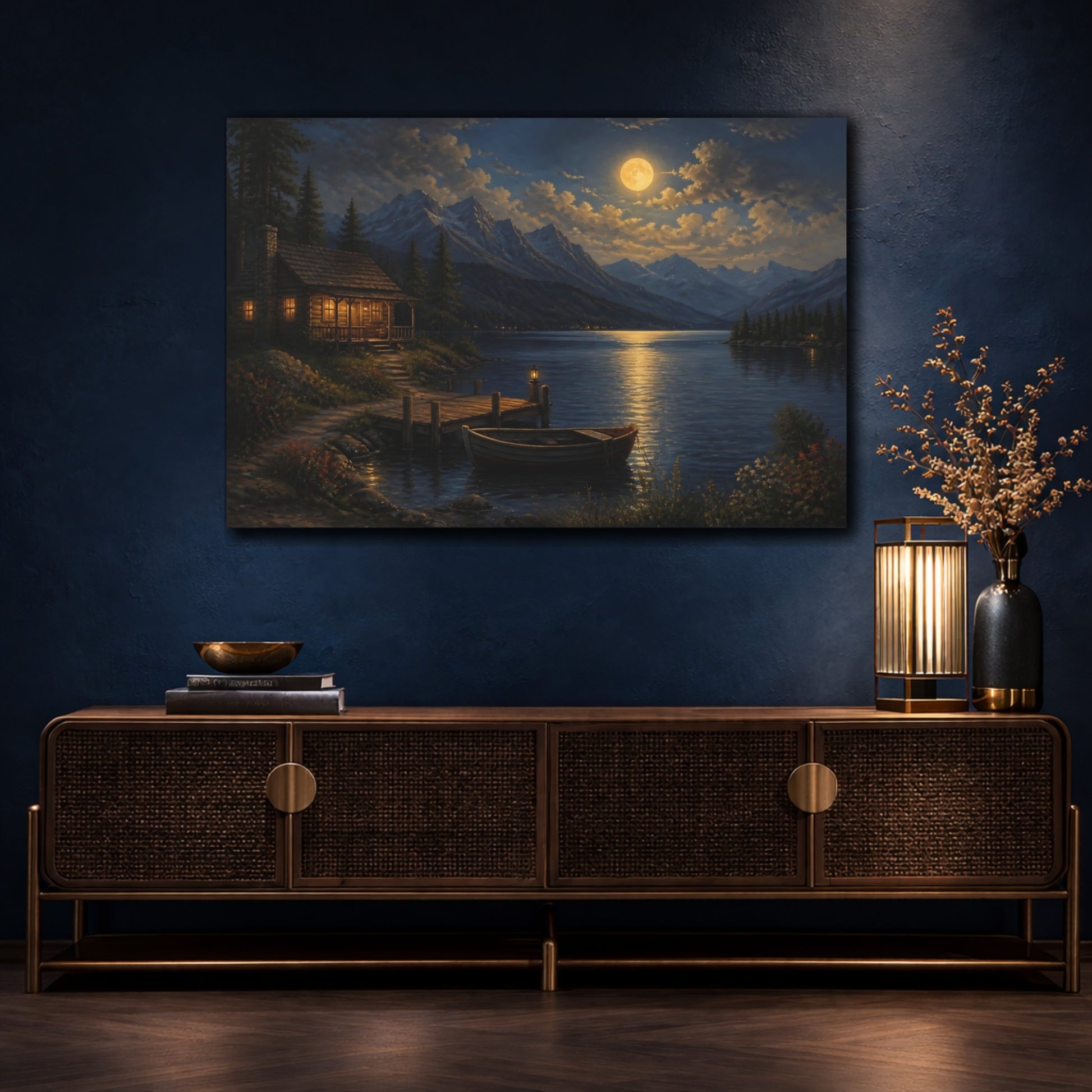 Mockup 4. Moonlit Lakeside Cabin shown as canvas print