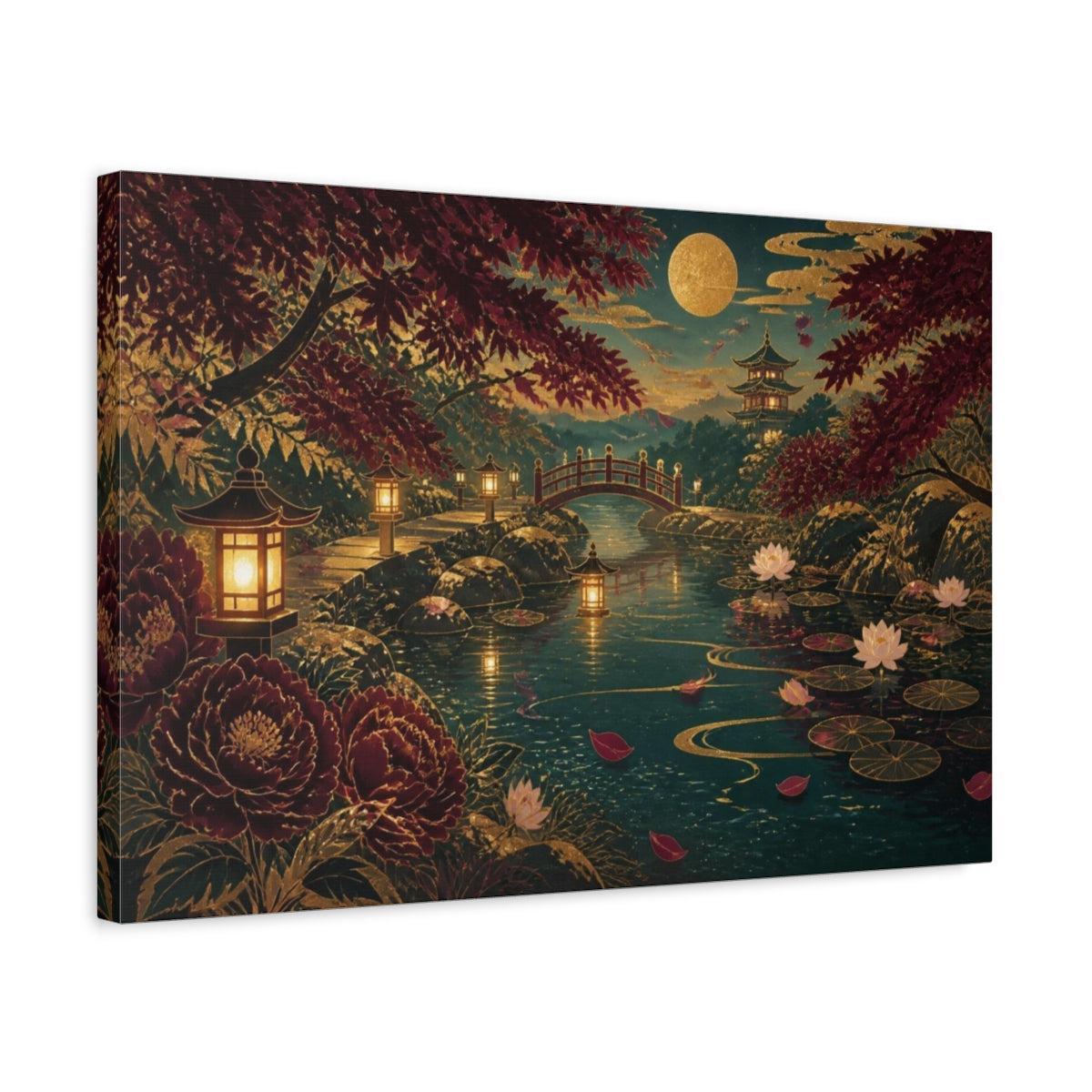 Side Mockup 3. Moonlit Lantern Garden shown as canvas print