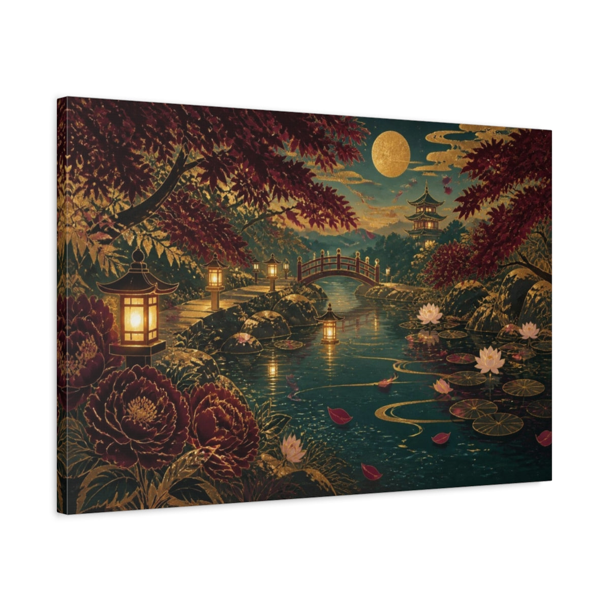 Side Mockup 2. Moonlit Lantern Garden shown as canvas print