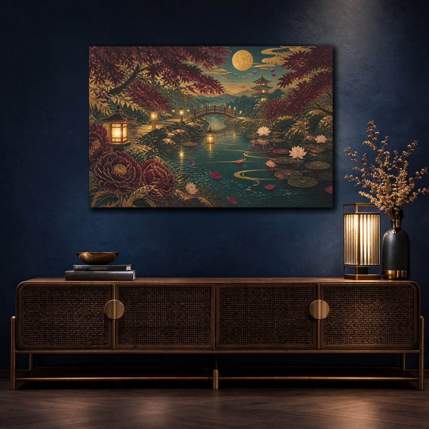 Mockup 4. Moonlit Lantern Garden shown as canvas print