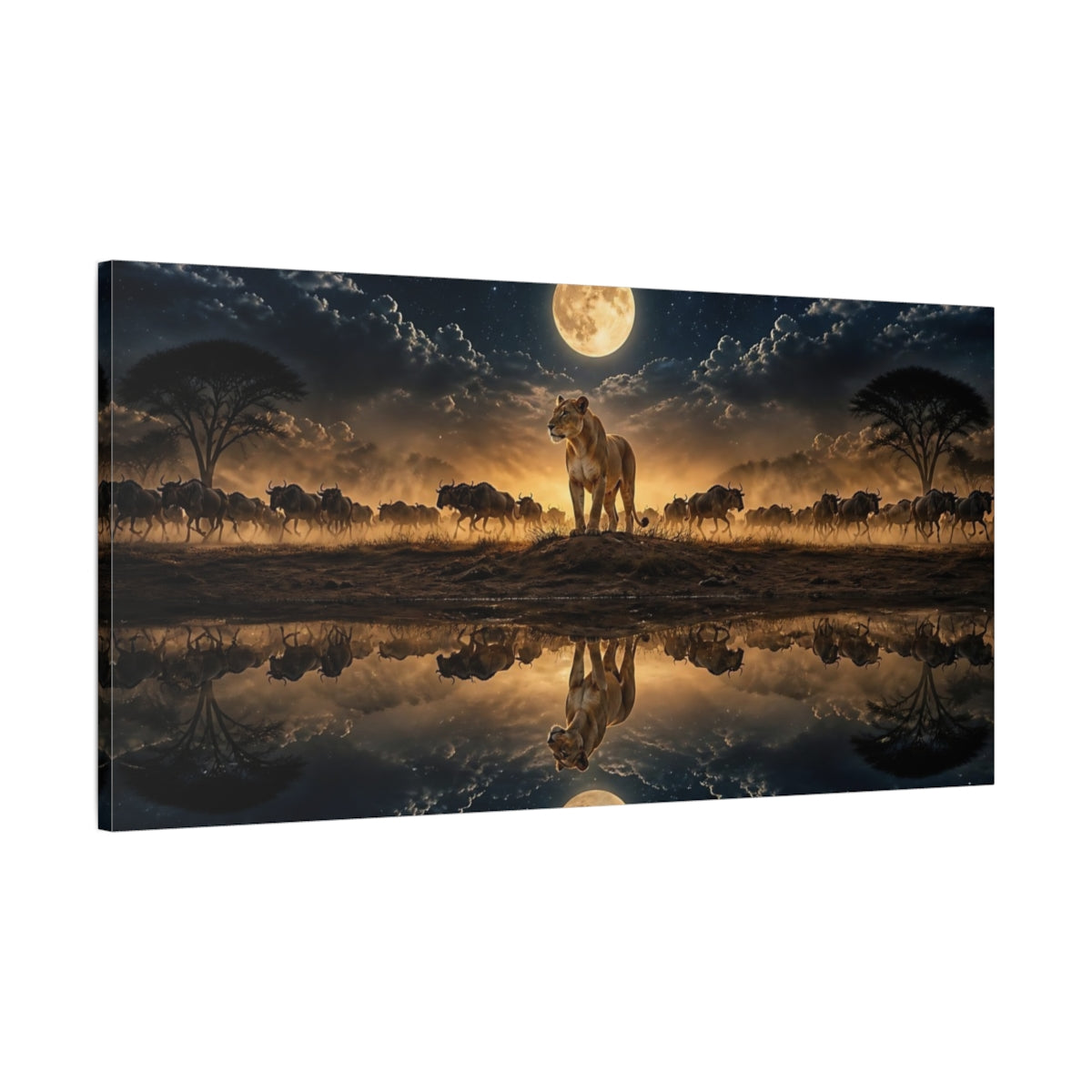 Main Mockup. Moonlit Lioness Reflection shown as canvas print
