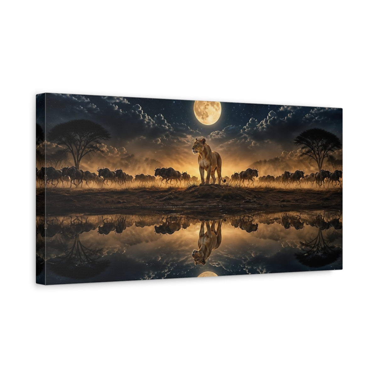 Side Mockup 3. Moonlit Lioness Reflection shown as canvas print