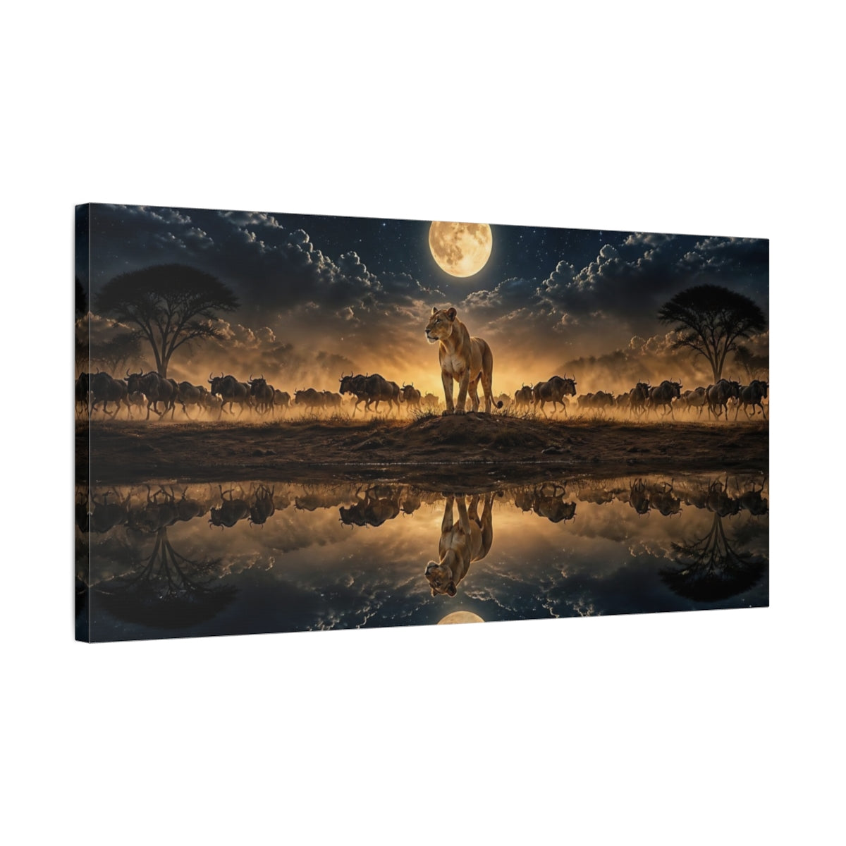 Side Mockup 1. Moonlit Lioness Reflection shown as canvas print