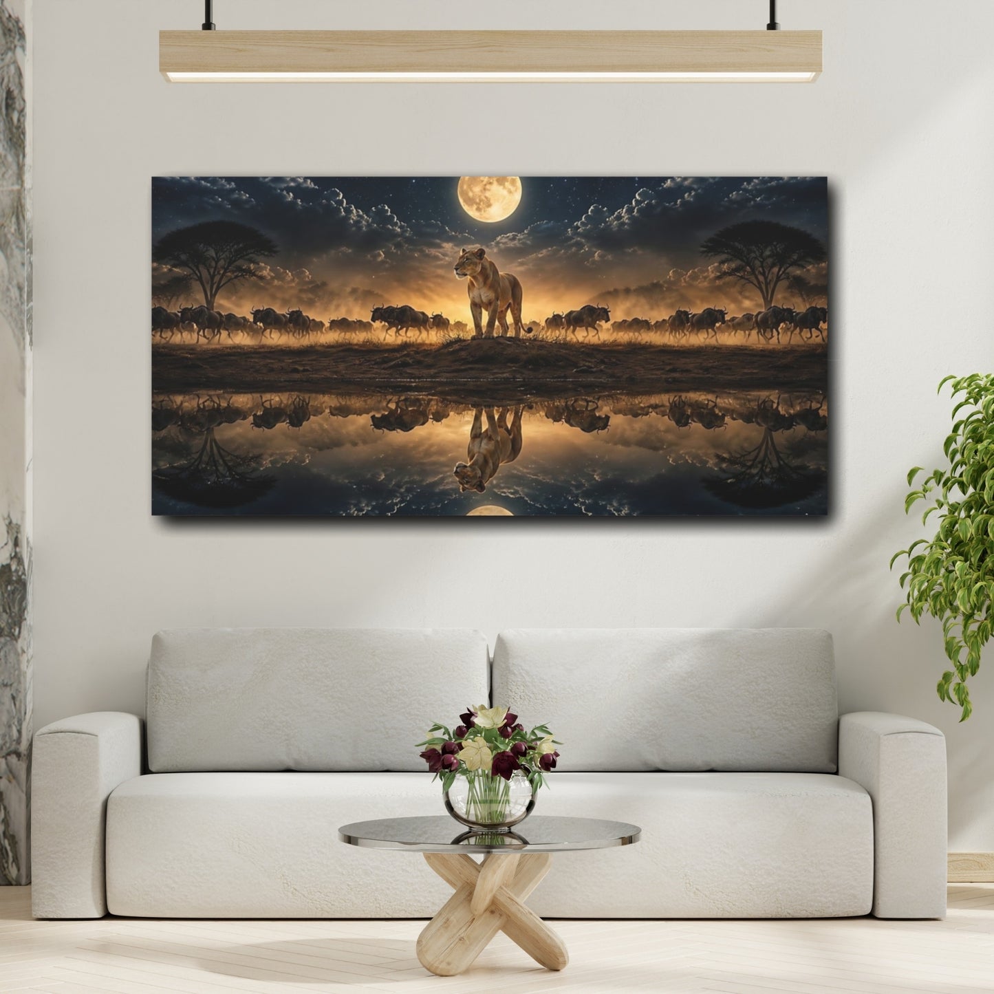 Mockup 2. Moonlit Lioness Reflection shown as canvas print