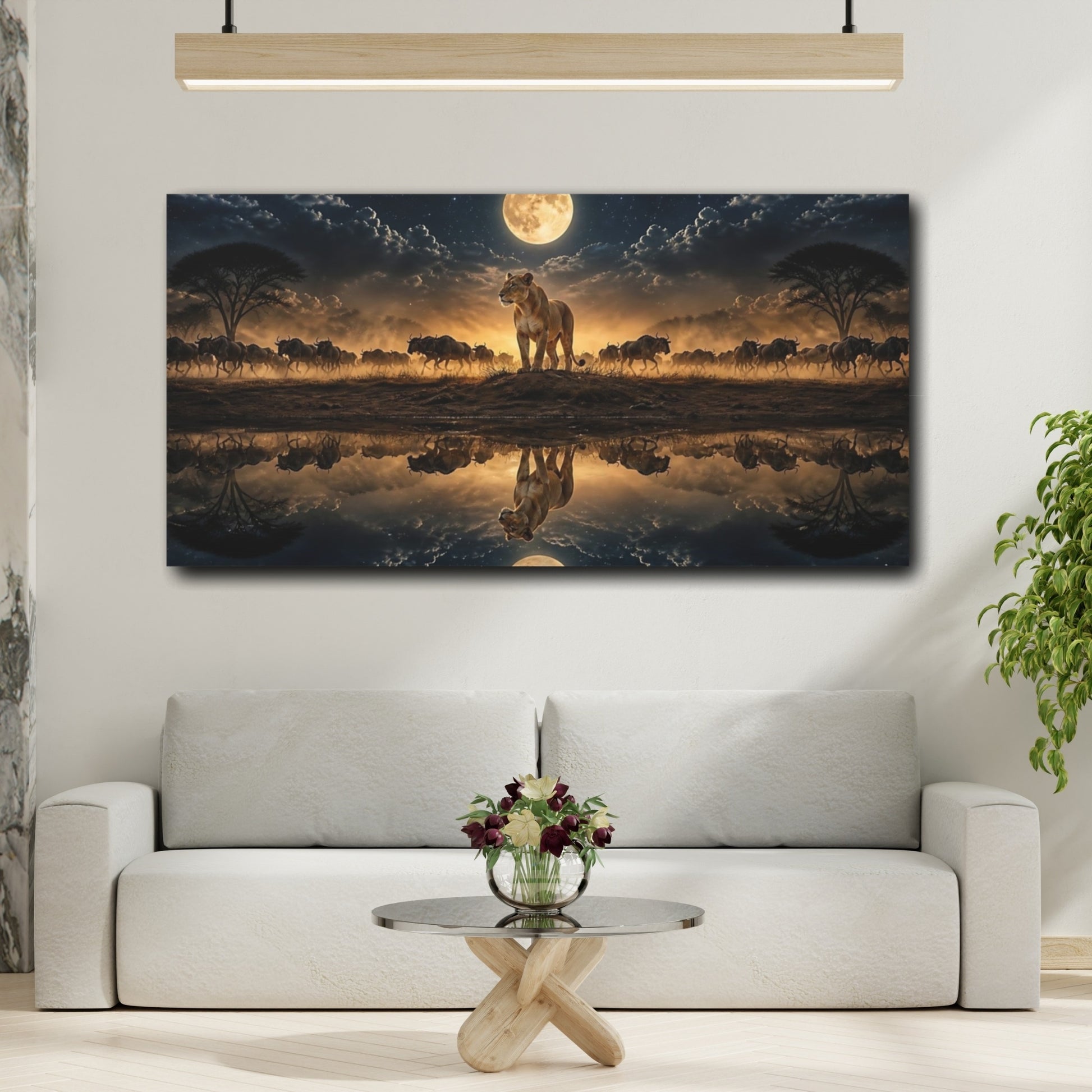 Mockup 2. Moonlit Lioness Reflection shown as canvas print