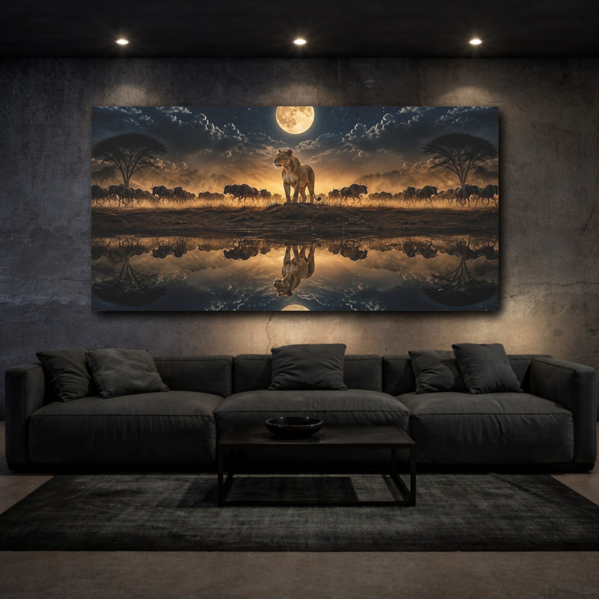 Mockup 3. Moonlit Lioness Reflection shown as canvas print