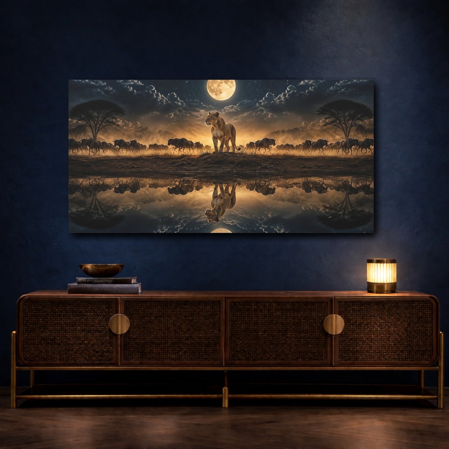 Mockup 4. Moonlit Lioness Reflection shown as canvas print