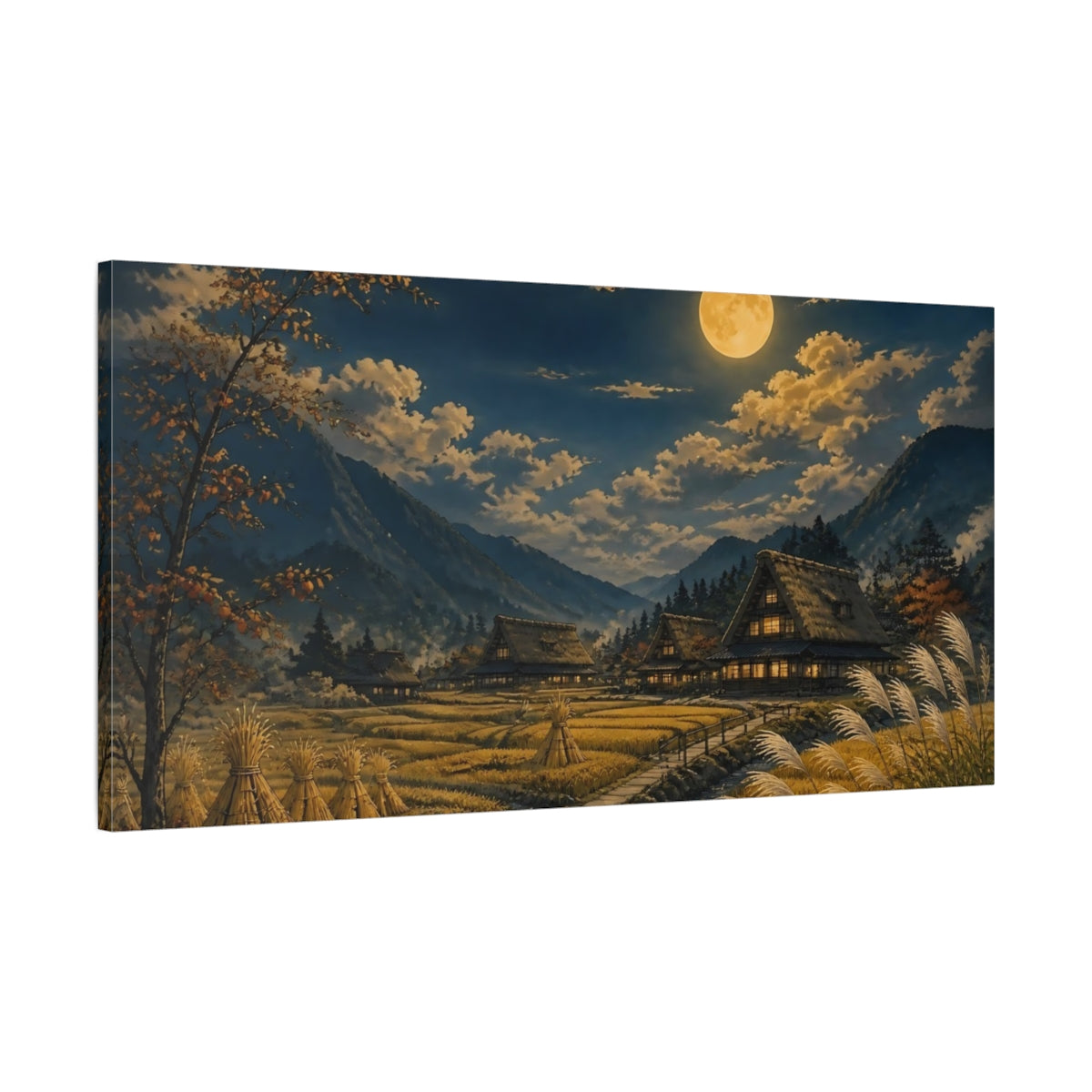 Main Mockup. Moonlit Mountain Village shown as canvas print