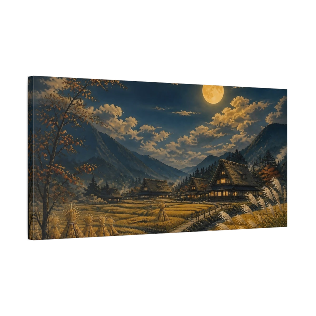 Side Mockup 1. Moonlit Mountain Village shown as canvas print