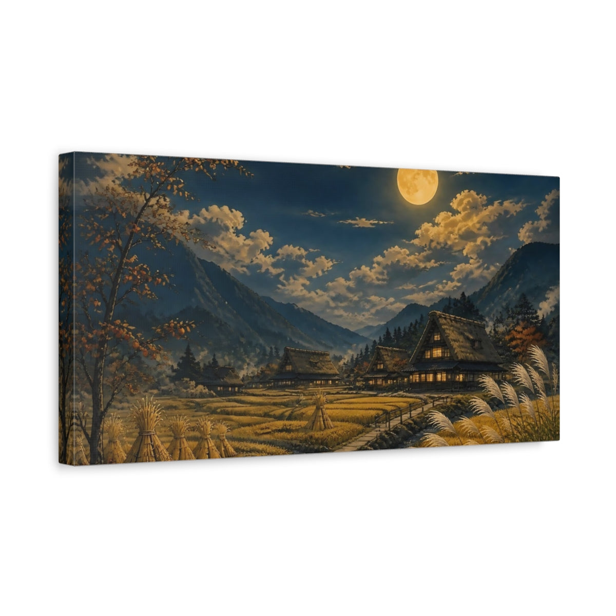 Side Mockup 3. Moonlit Mountain Village shown as canvas print