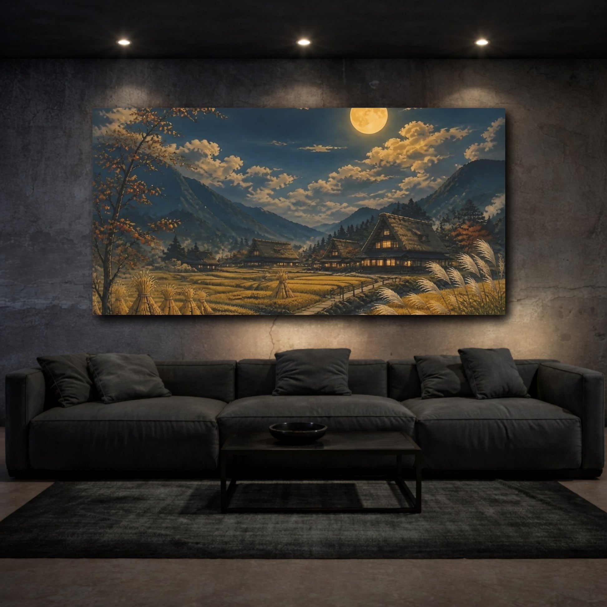 Mockup 3. Moonlit Mountain Village shown as canvas print