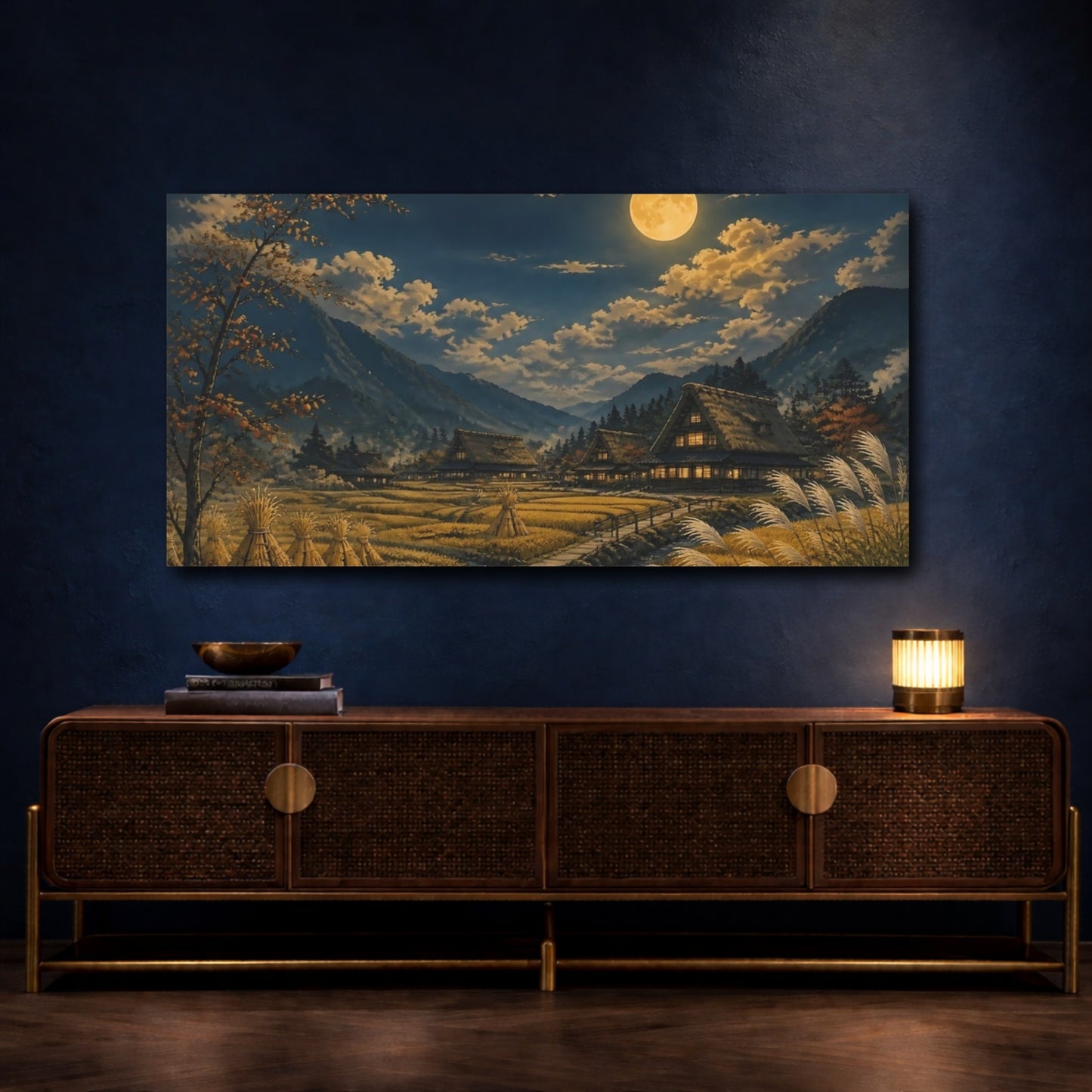 Mockup 4. Moonlit Mountain Village shown as canvas print