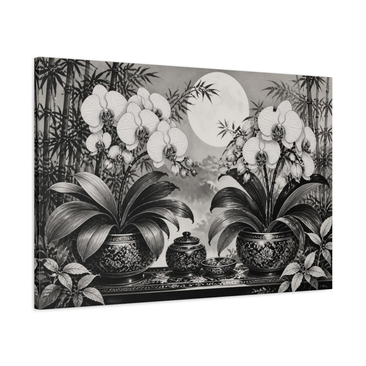 Main Mockup. Moonlit Orchid Still Life shown as canvas print