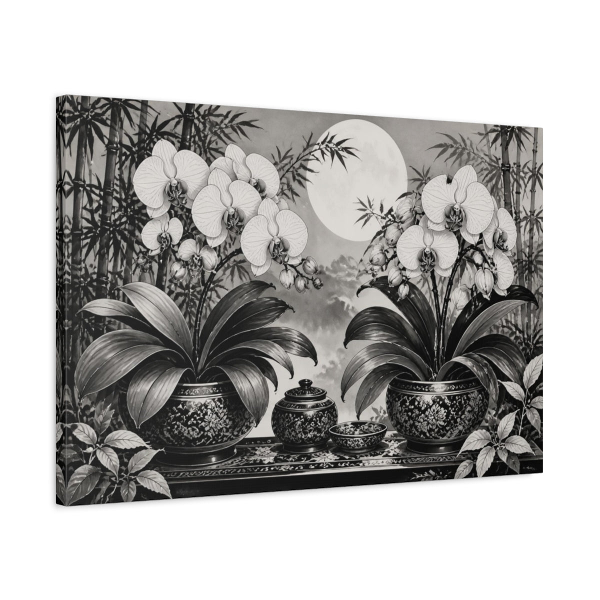 Side Mockup 2. Moonlit Orchid Still Life shown as canvas print