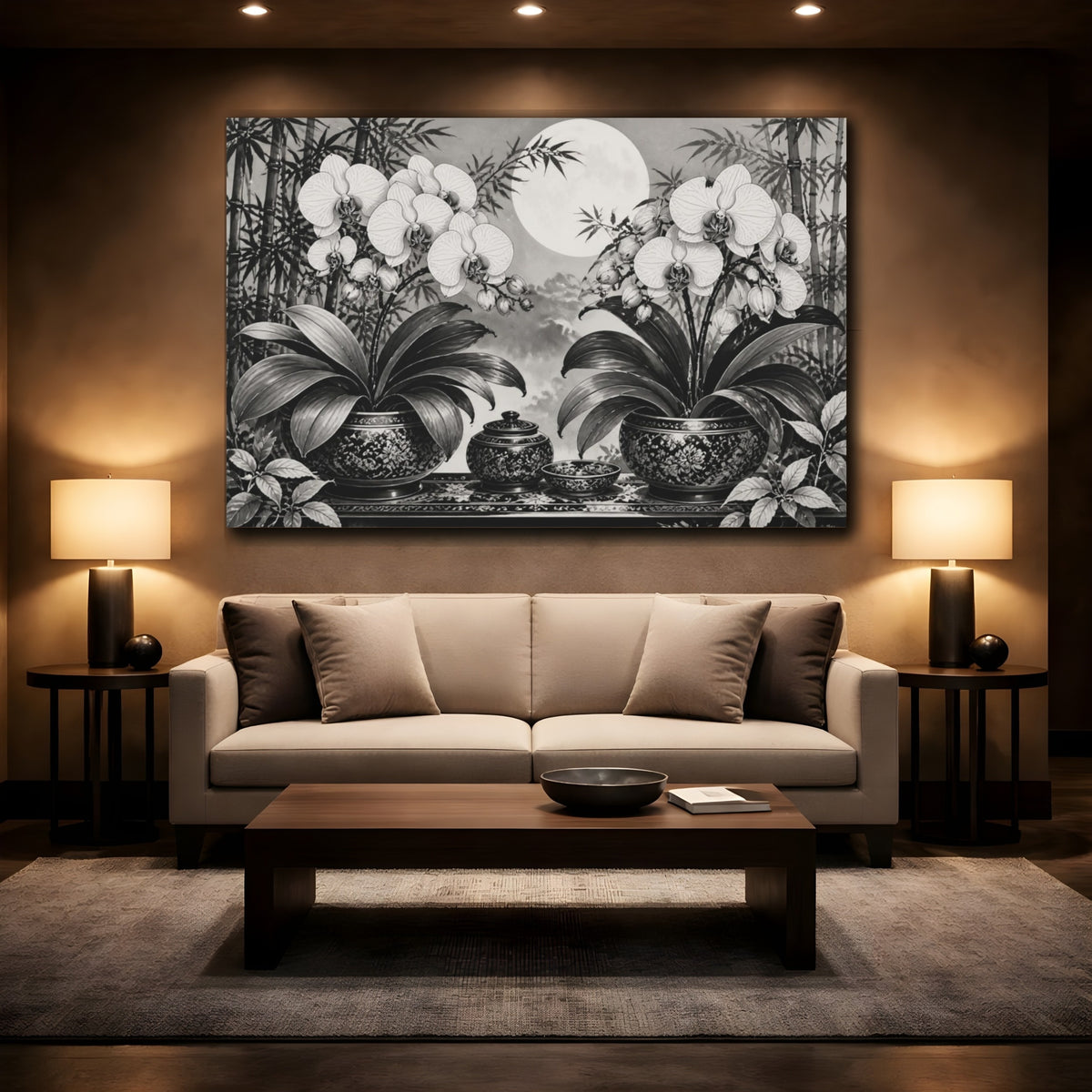 Mockup 2. Moonlit Orchid Still Life shown as canvas print