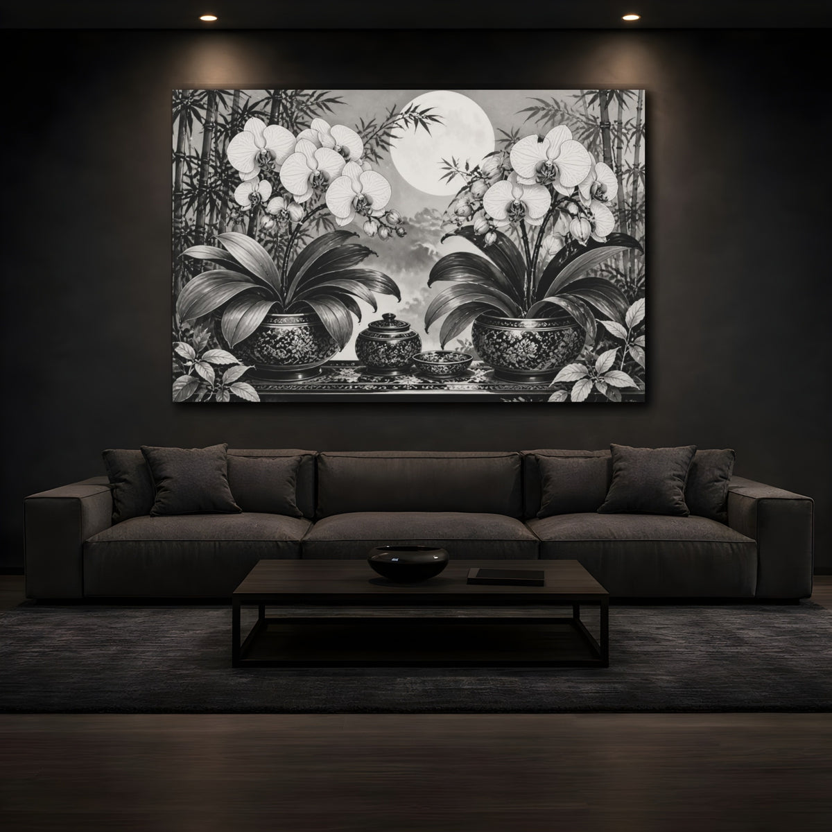 Mockup 3. Moonlit Orchid Still Life shown as canvas print