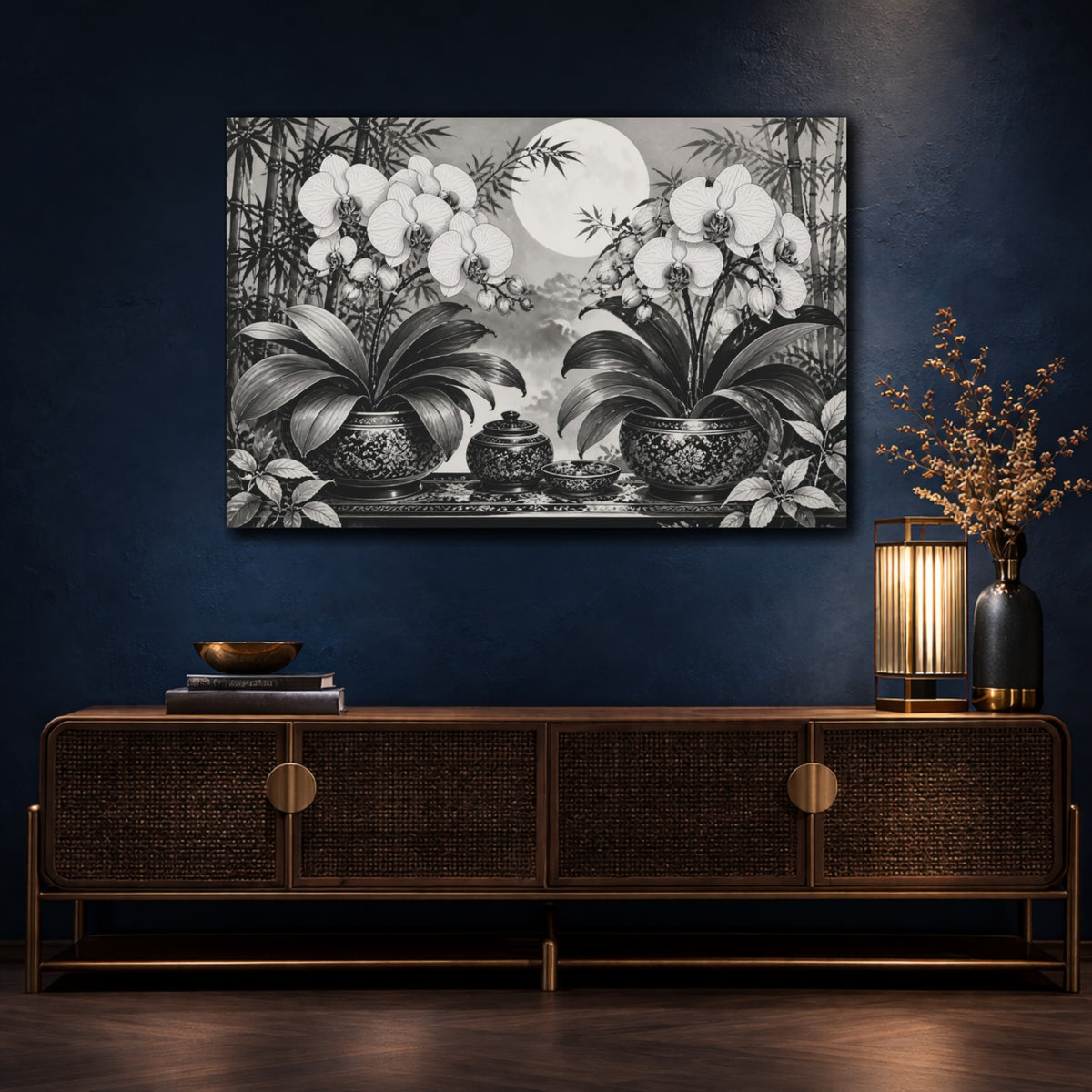 Mockup 4. Moonlit Orchid Still Life shown as canvas print