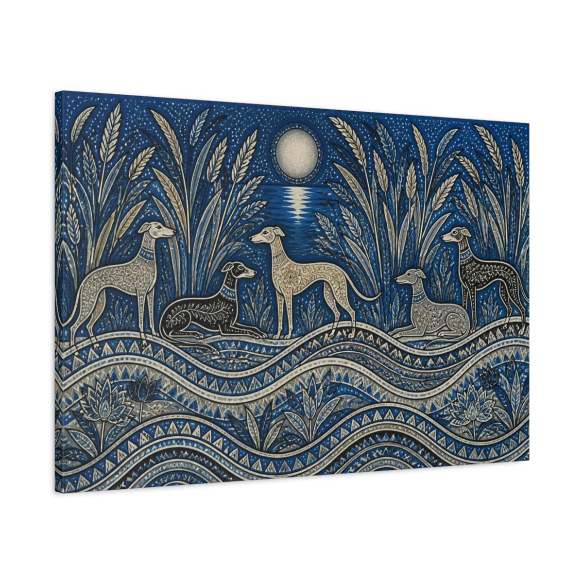 Main Mockup. Moonlit Pet Sighthounds shown as canvas print