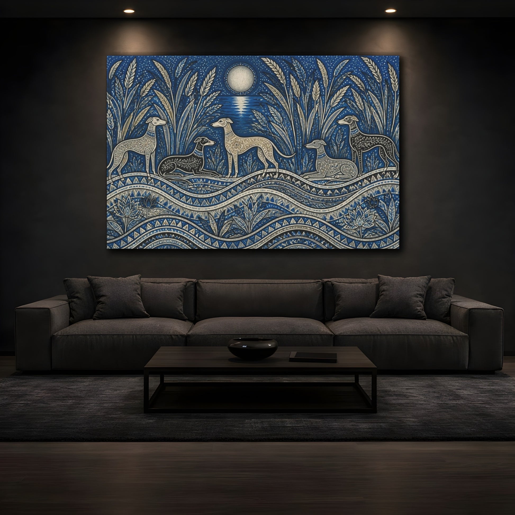 Mockup 3. Moonlit Pet Sighthounds shown as canvas print