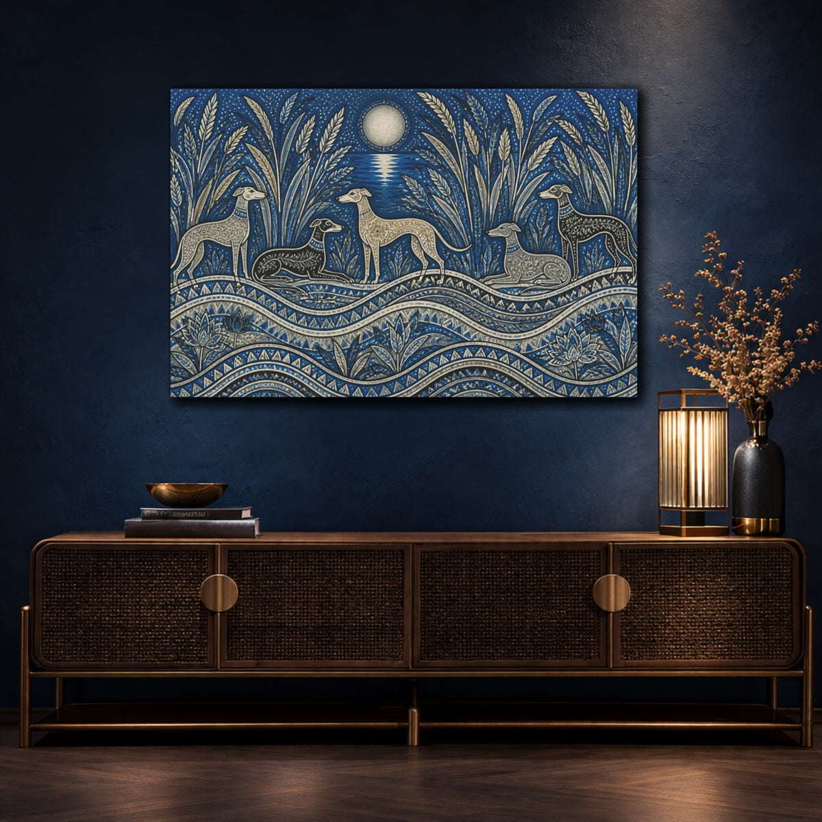 Mockup 4. Moonlit Pet Sighthounds shown as canvas print