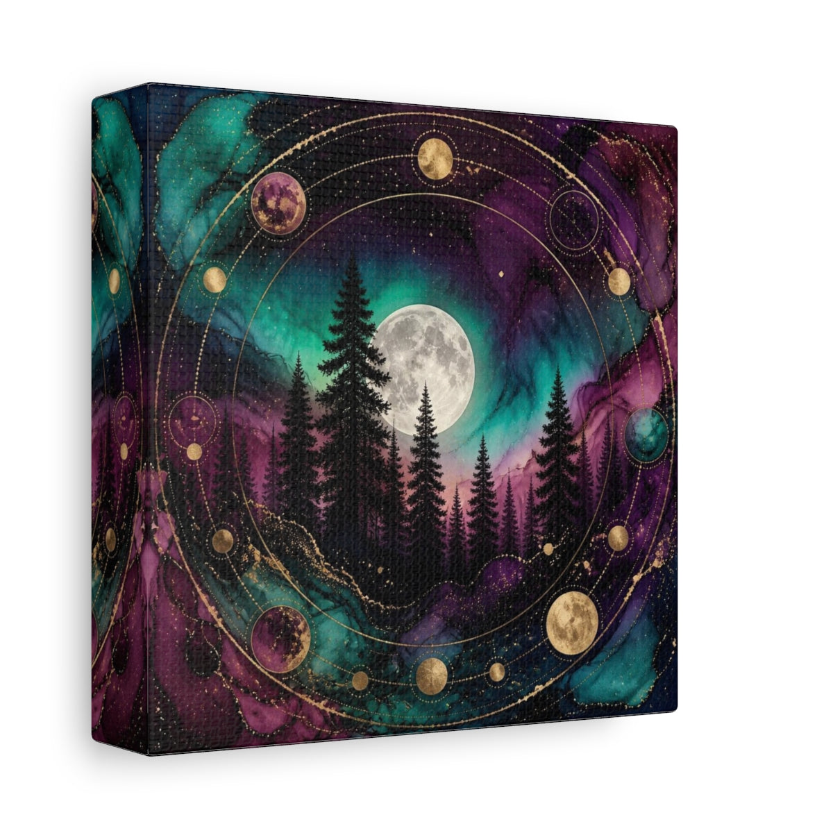 Side Mockup 2. Moonlit Pine Forest shown as canvas print