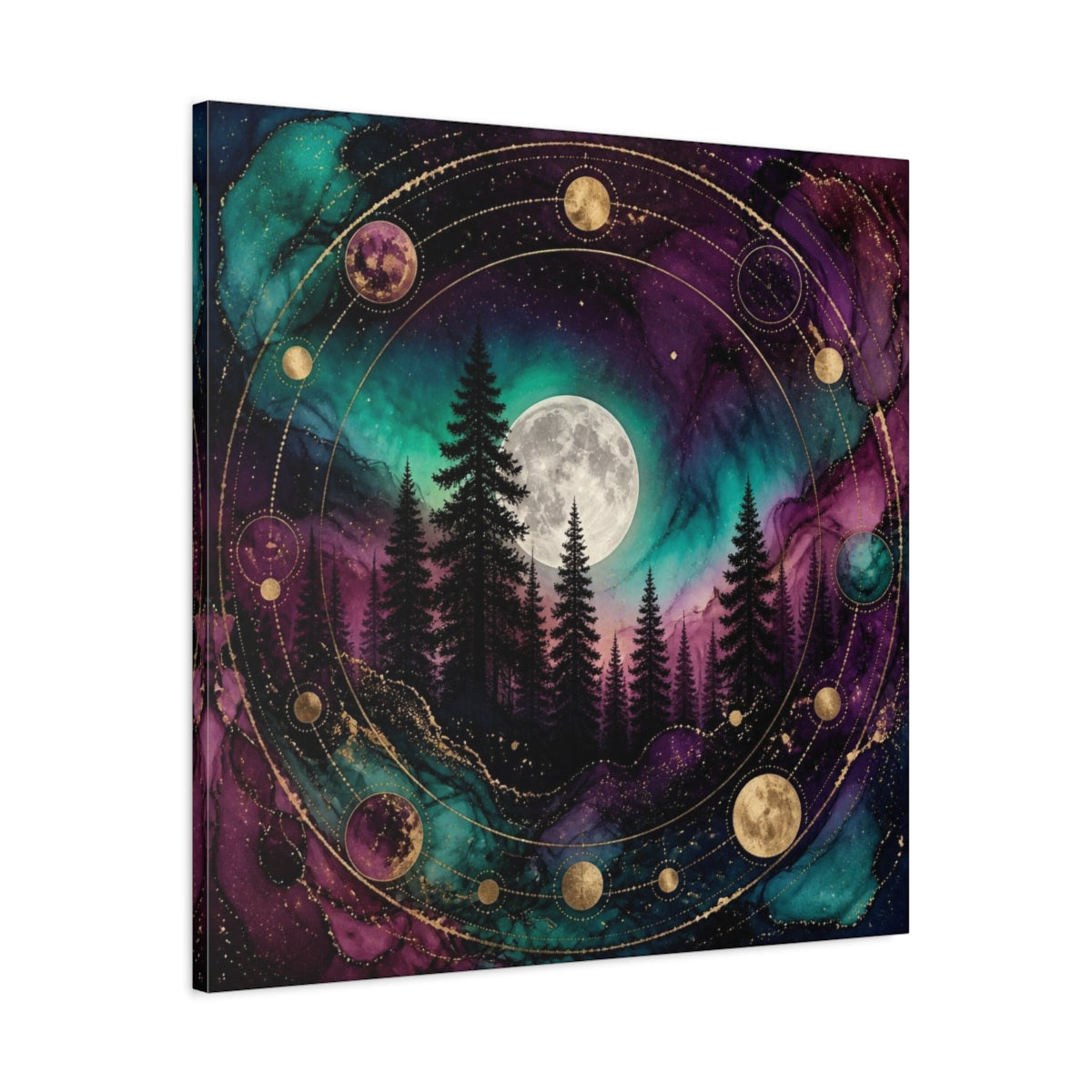 Side Mockup 3. Moonlit Pine Forest shown as canvas print