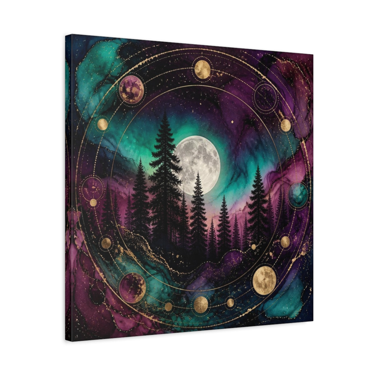 Side Mockup 4. Moonlit Pine Forest shown as canvas print