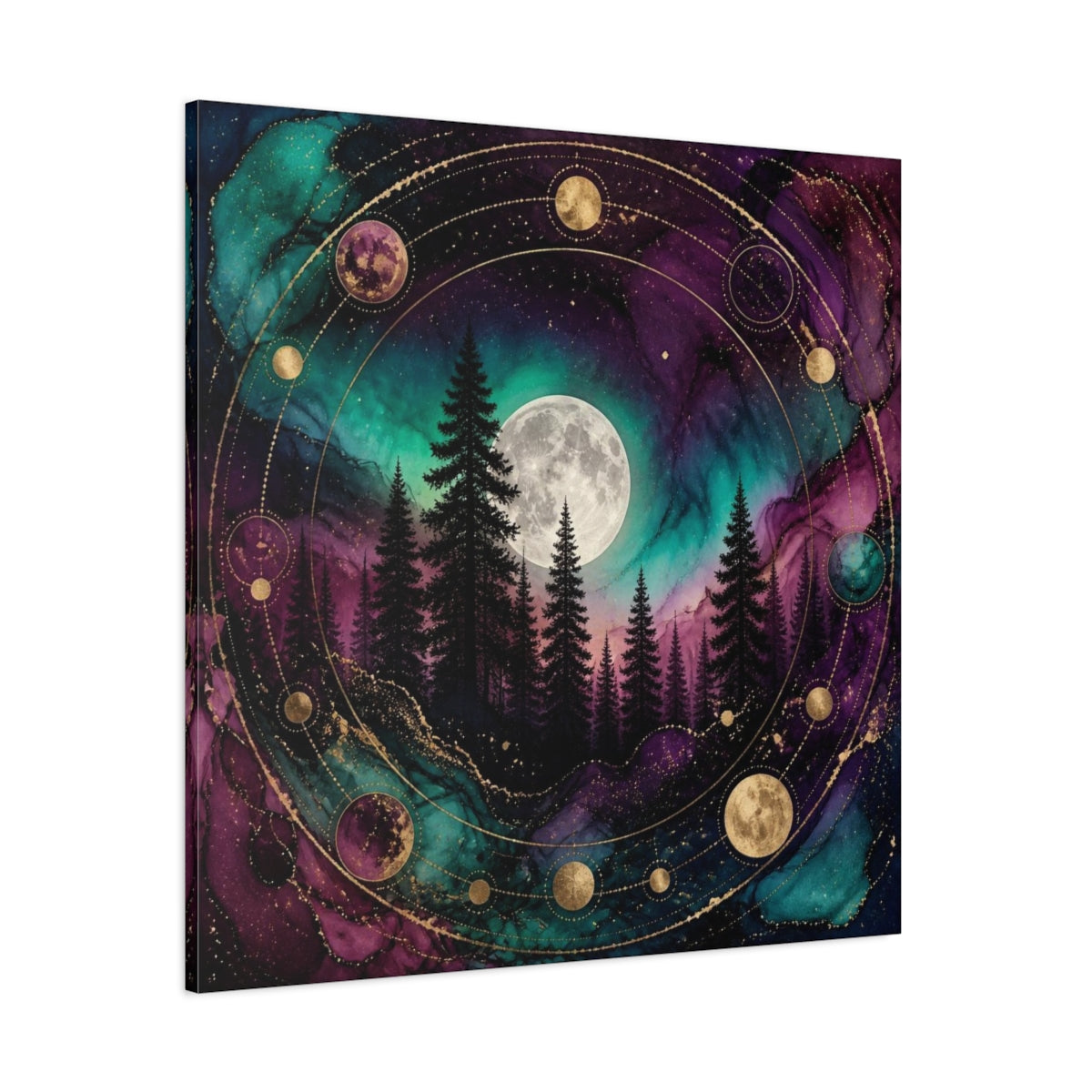 Side Mockup 1. Moonlit Pine Forest shown as canvas print