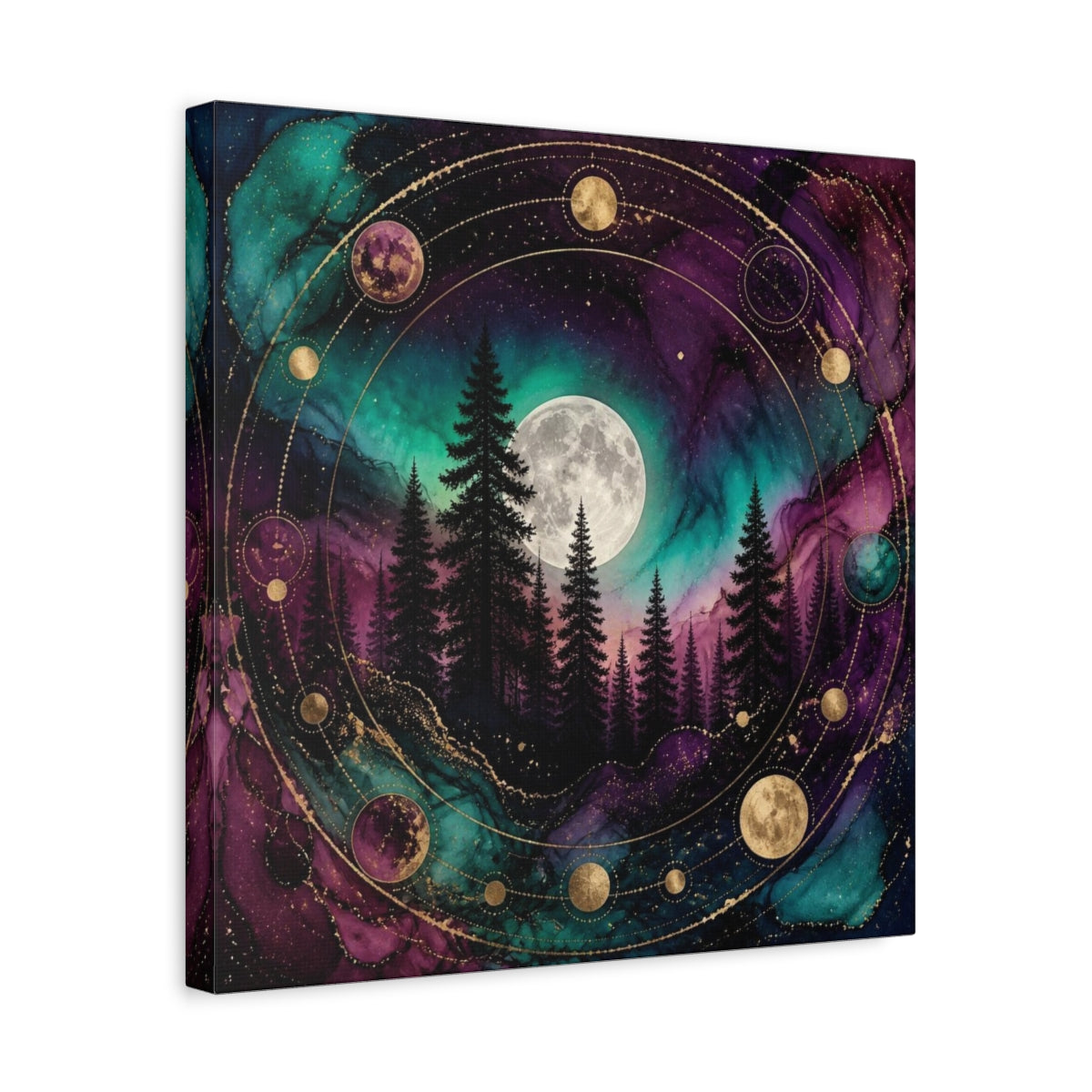 Side Mockup 6. Moonlit Pine Forest shown as canvas print