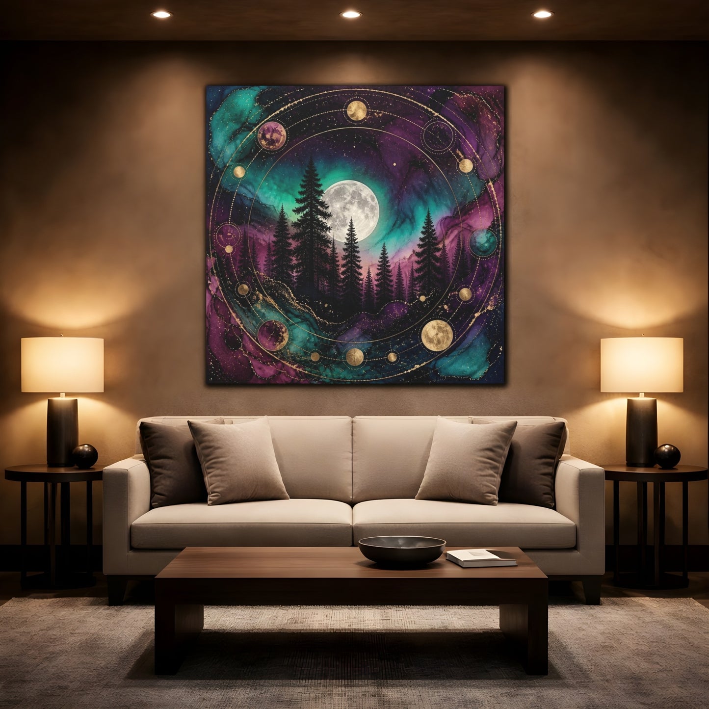 Mockup 2. Moonlit Pine Forest shown as canvas print
