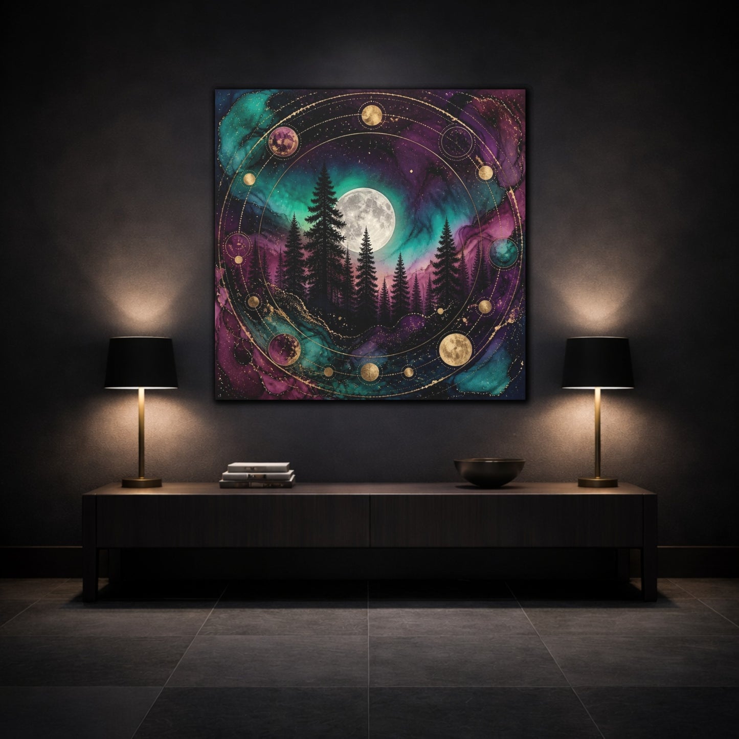 Mockup 3. Moonlit Pine Forest shown as canvas print