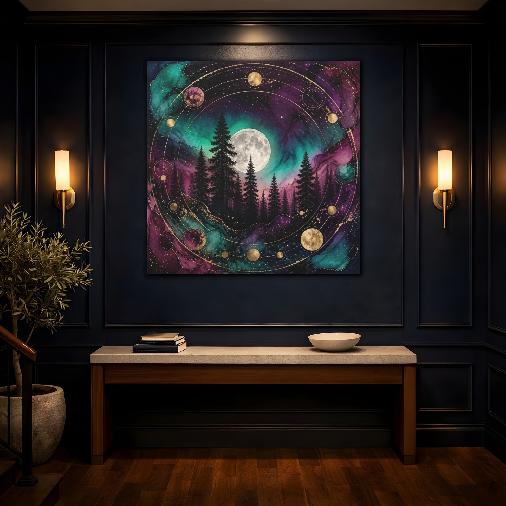 Mockup 4. Moonlit Pine Forest shown as canvas print