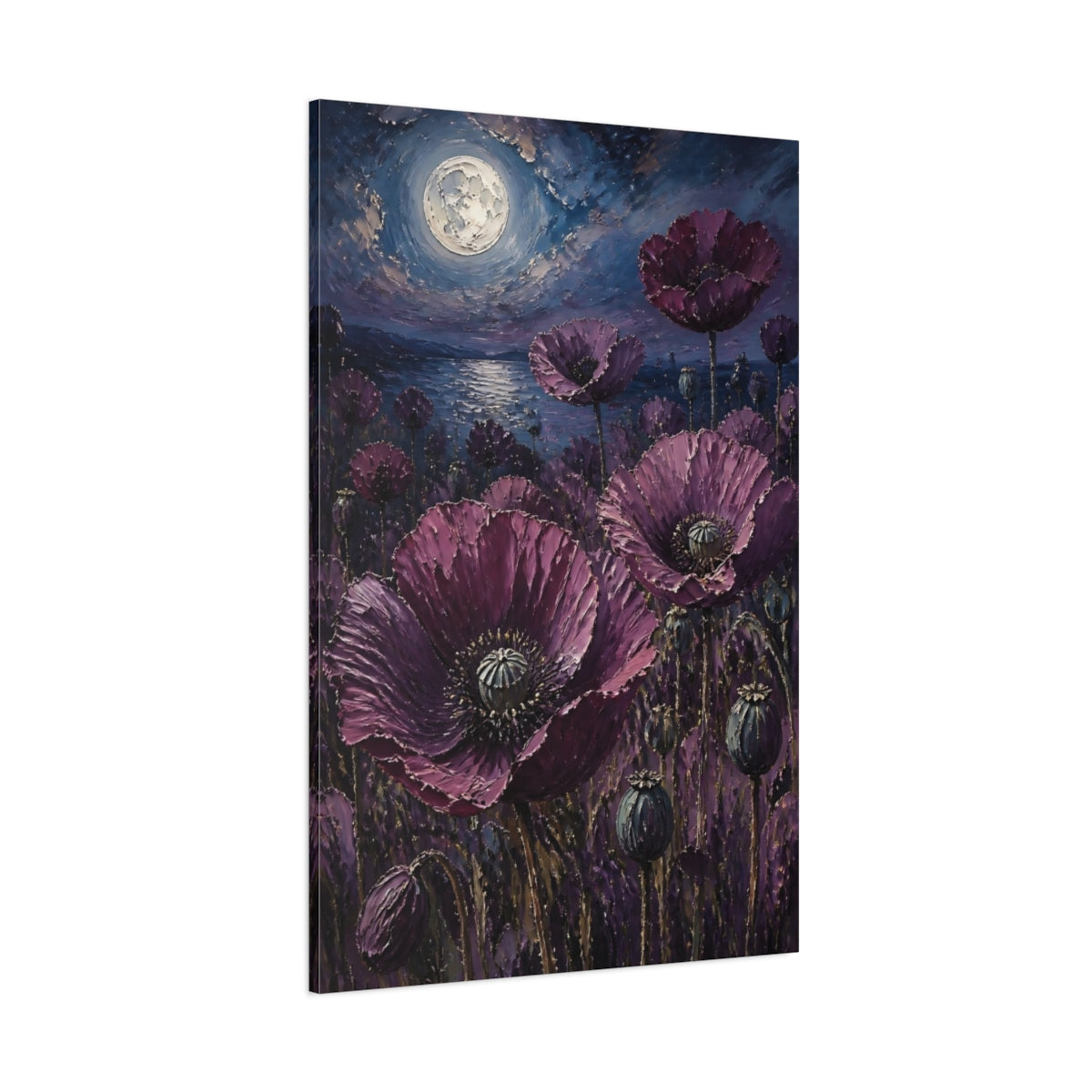 Side Mockup 1. Moonlit Purple Poppies shown as canvas print