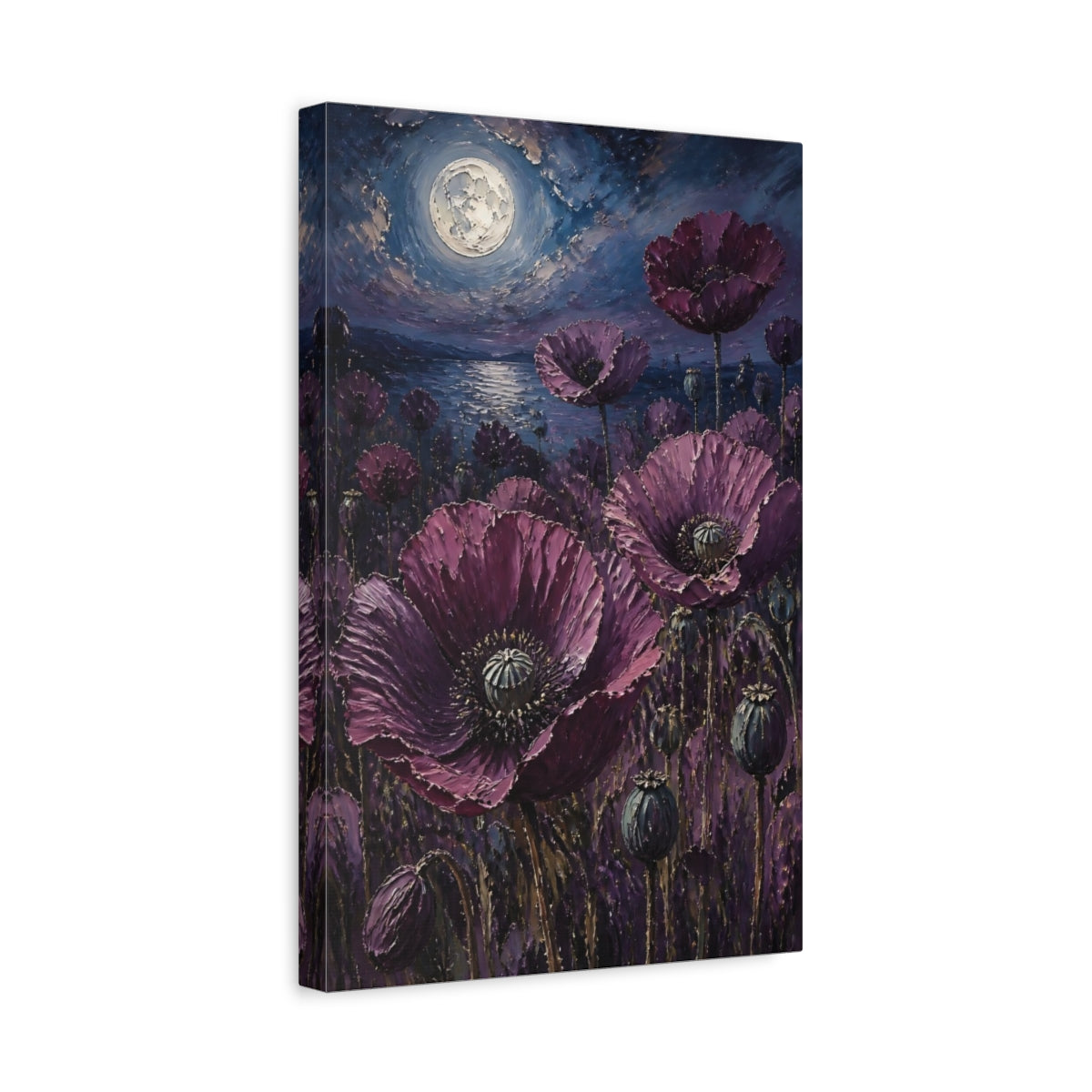 Side Mockup 4. Moonlit Purple Poppies shown as canvas print