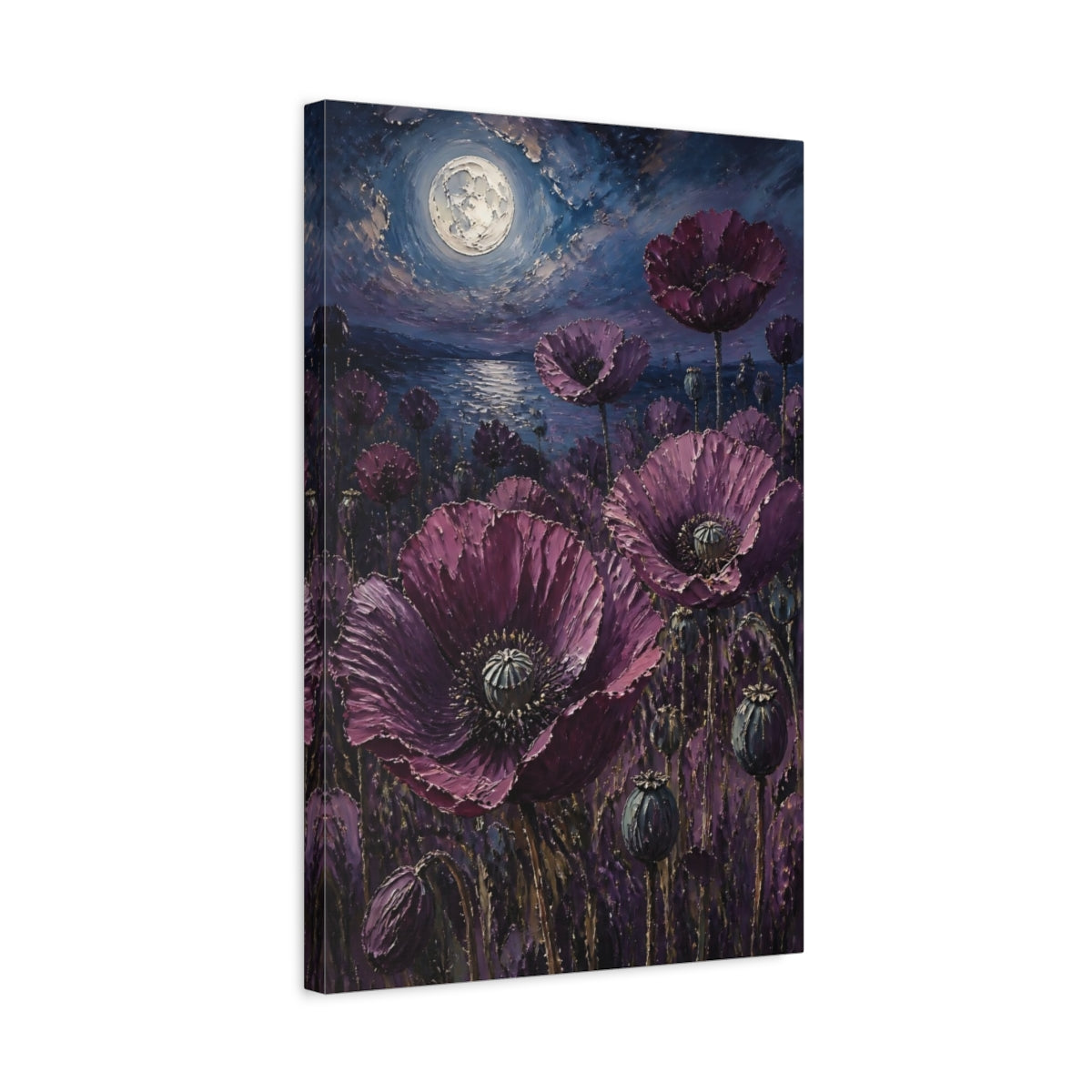 Side Mockup 3. Moonlit Purple Poppies shown as canvas print