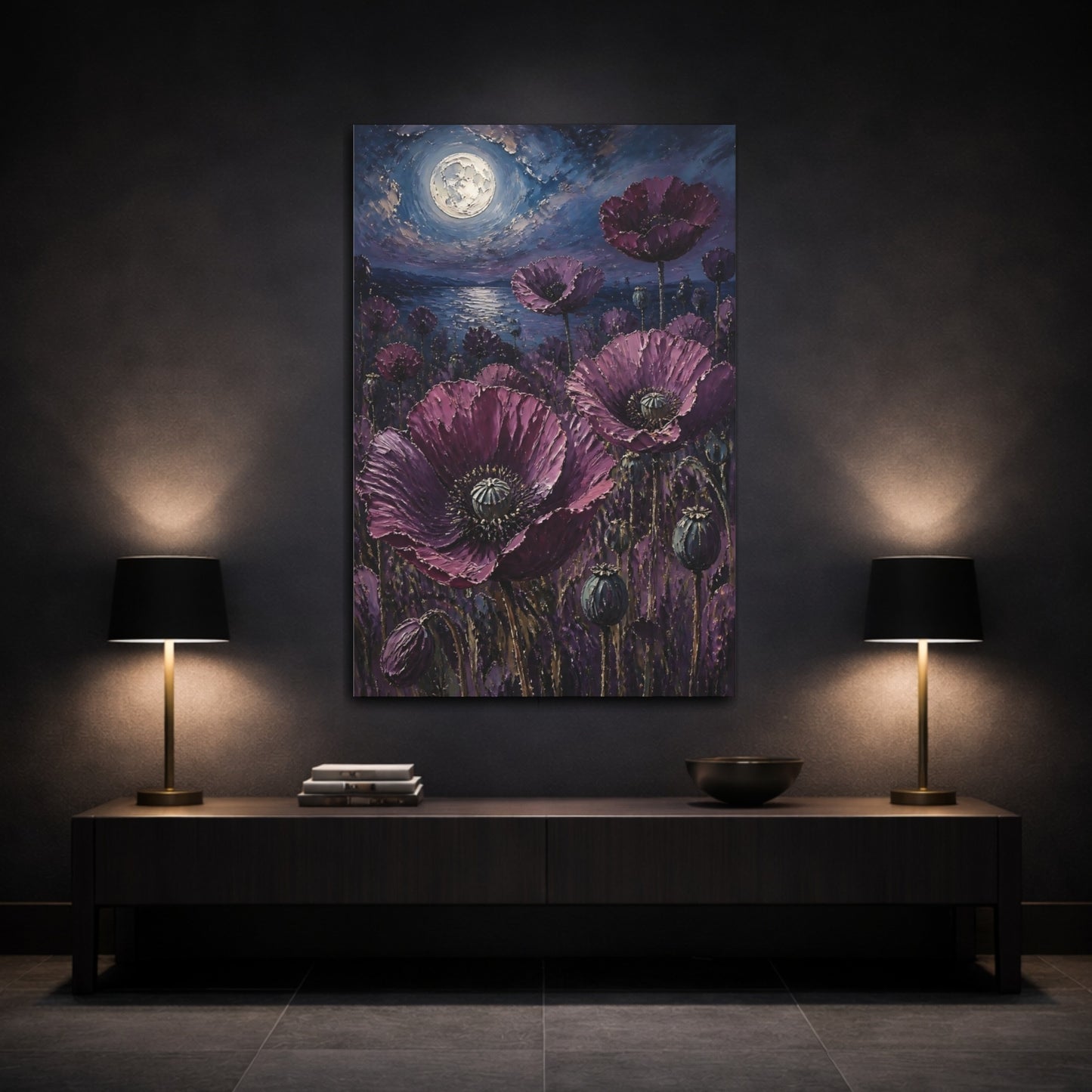Mockup 3. Moonlit Purple Poppies shown as canvas print