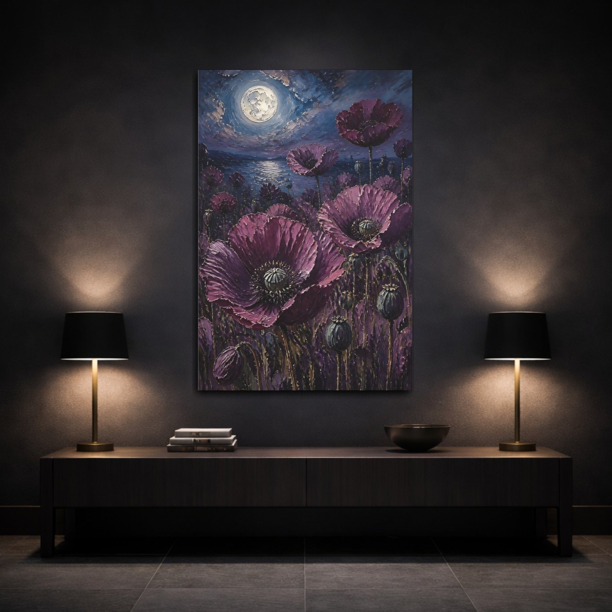 Mockup 3. Moonlit Purple Poppies shown as canvas print