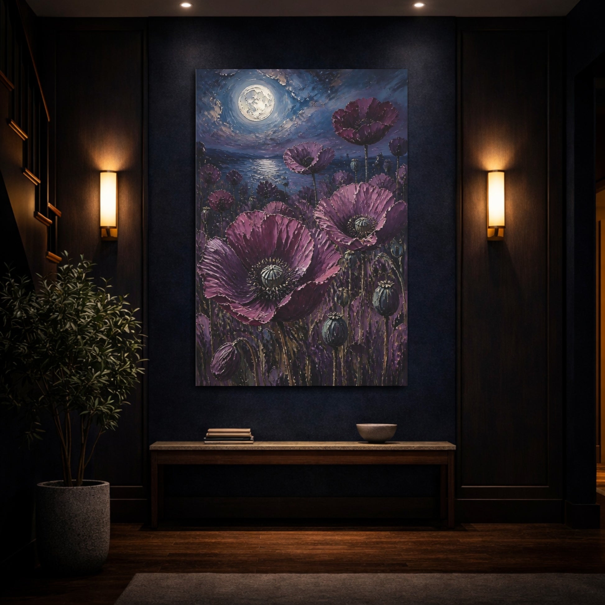 Mockup 4. Moonlit Purple Poppies shown as canvas print