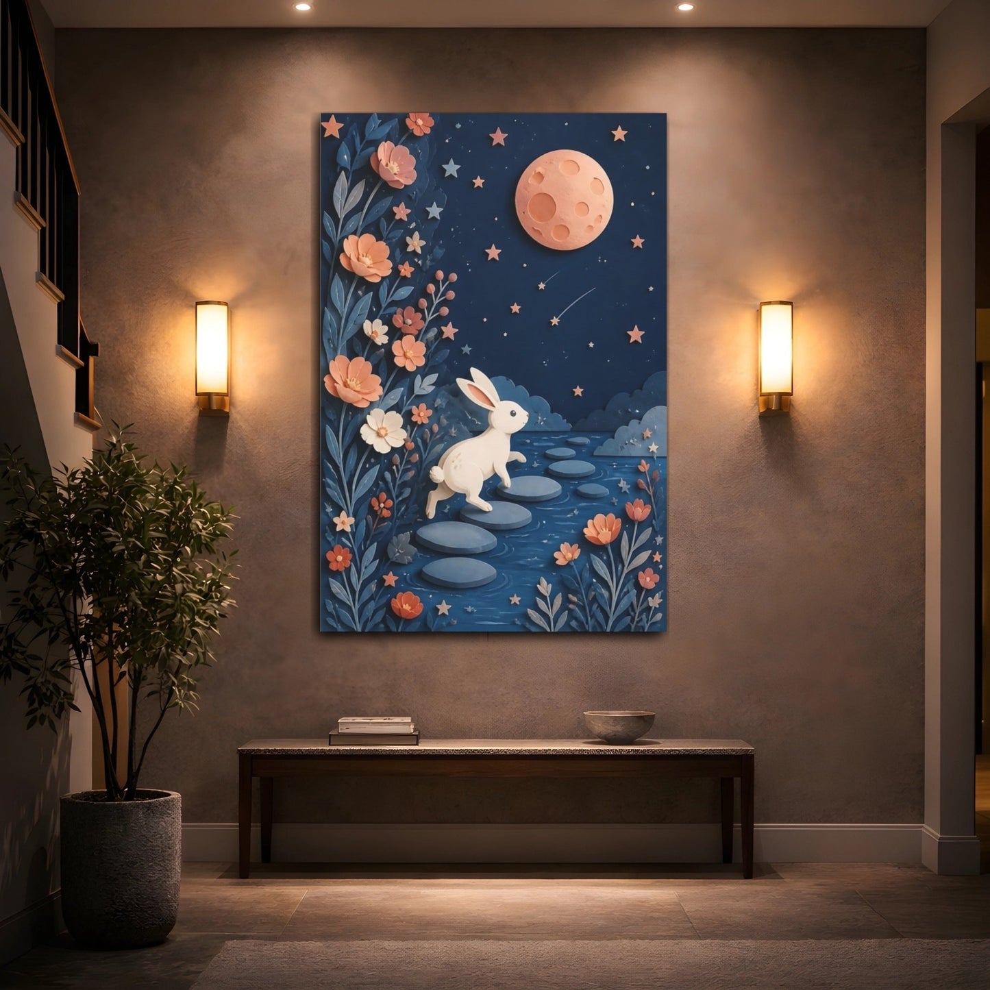 Moonlit Rabbit Adventure Canvas Print – Kids Room, Above Crib - YesArtYes