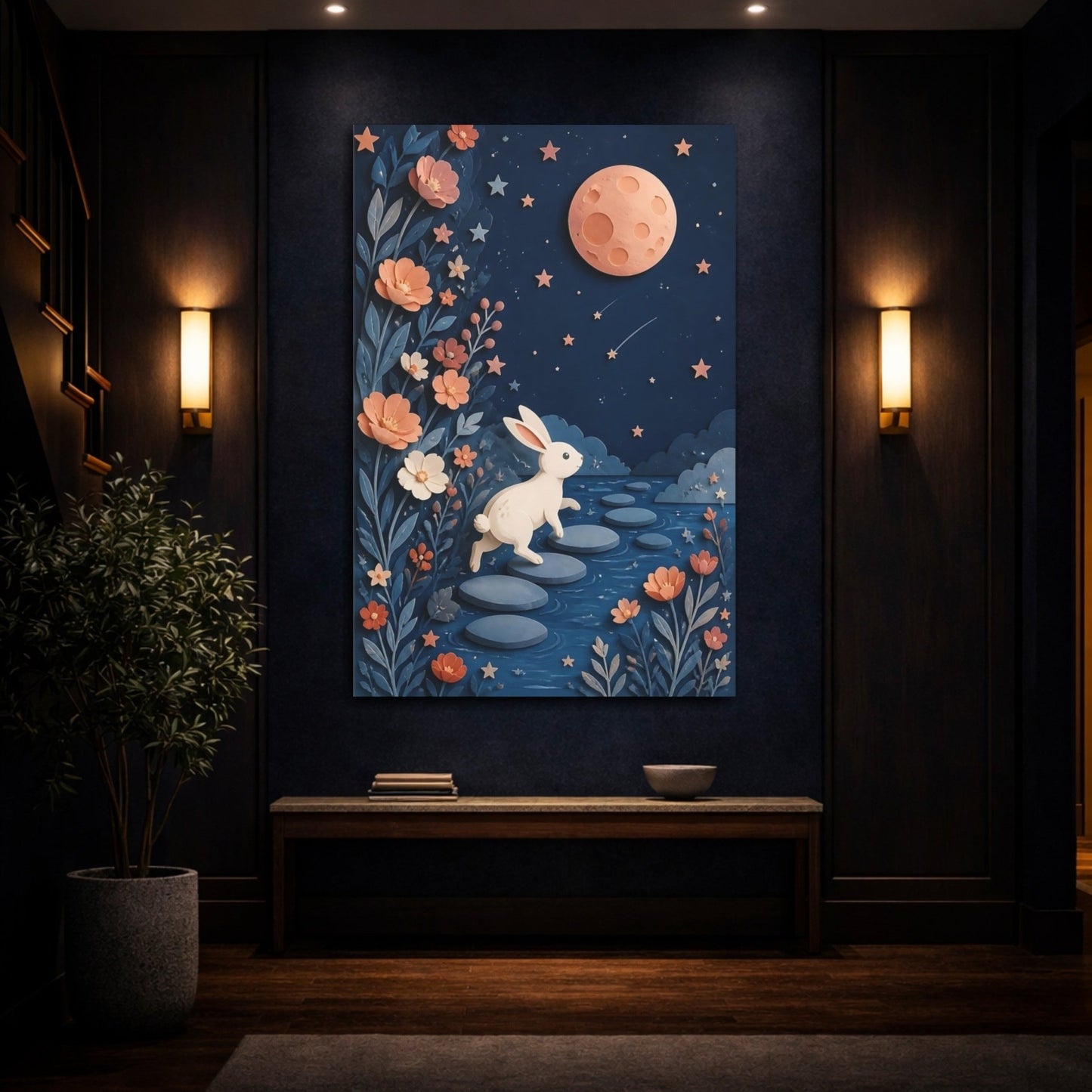 Moonlit Rabbit Adventure Canvas Print – Kids Room, Above Crib - YesArtYes
