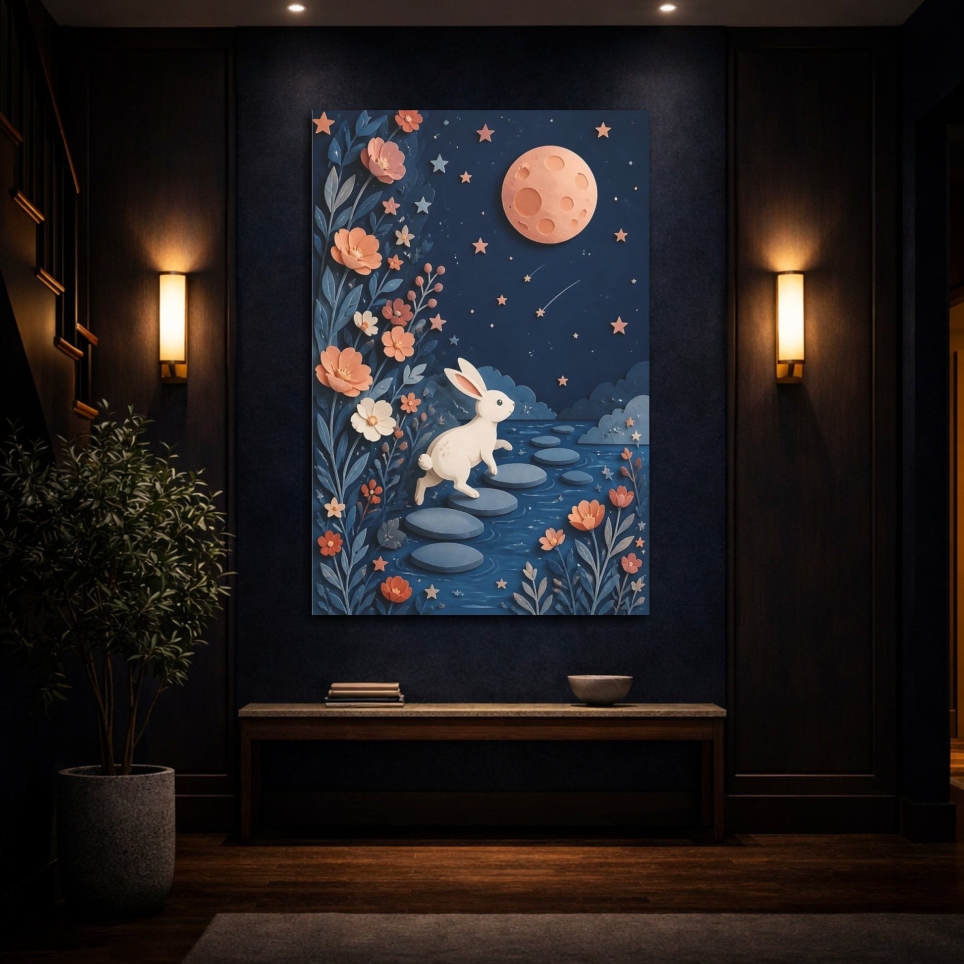 Moonlit Rabbit Adventure Canvas Print – Kids Room, Above Crib - YesArtYes