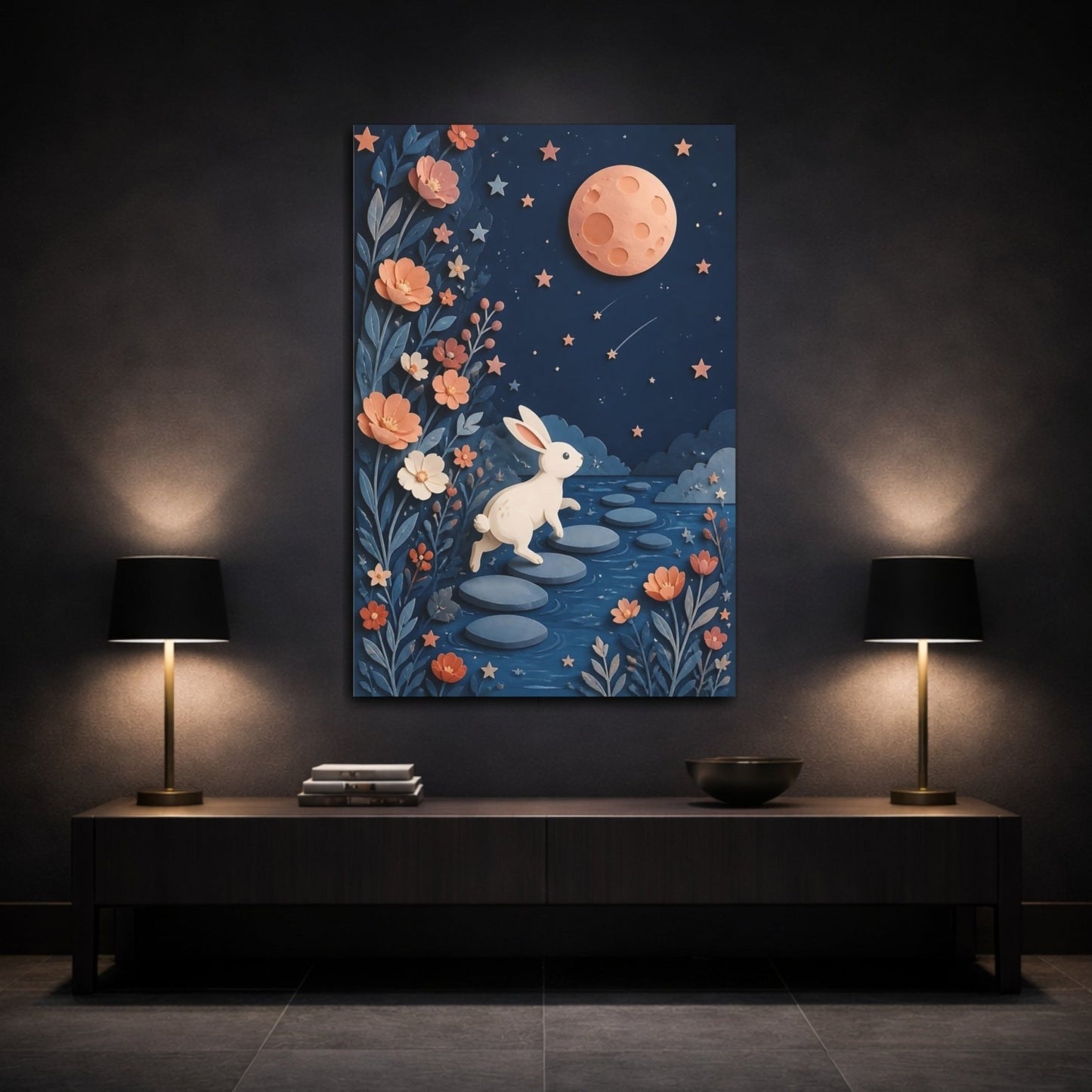Moonlit Rabbit Adventure Canvas Print – Kids Room, Above Crib - YesArtYes