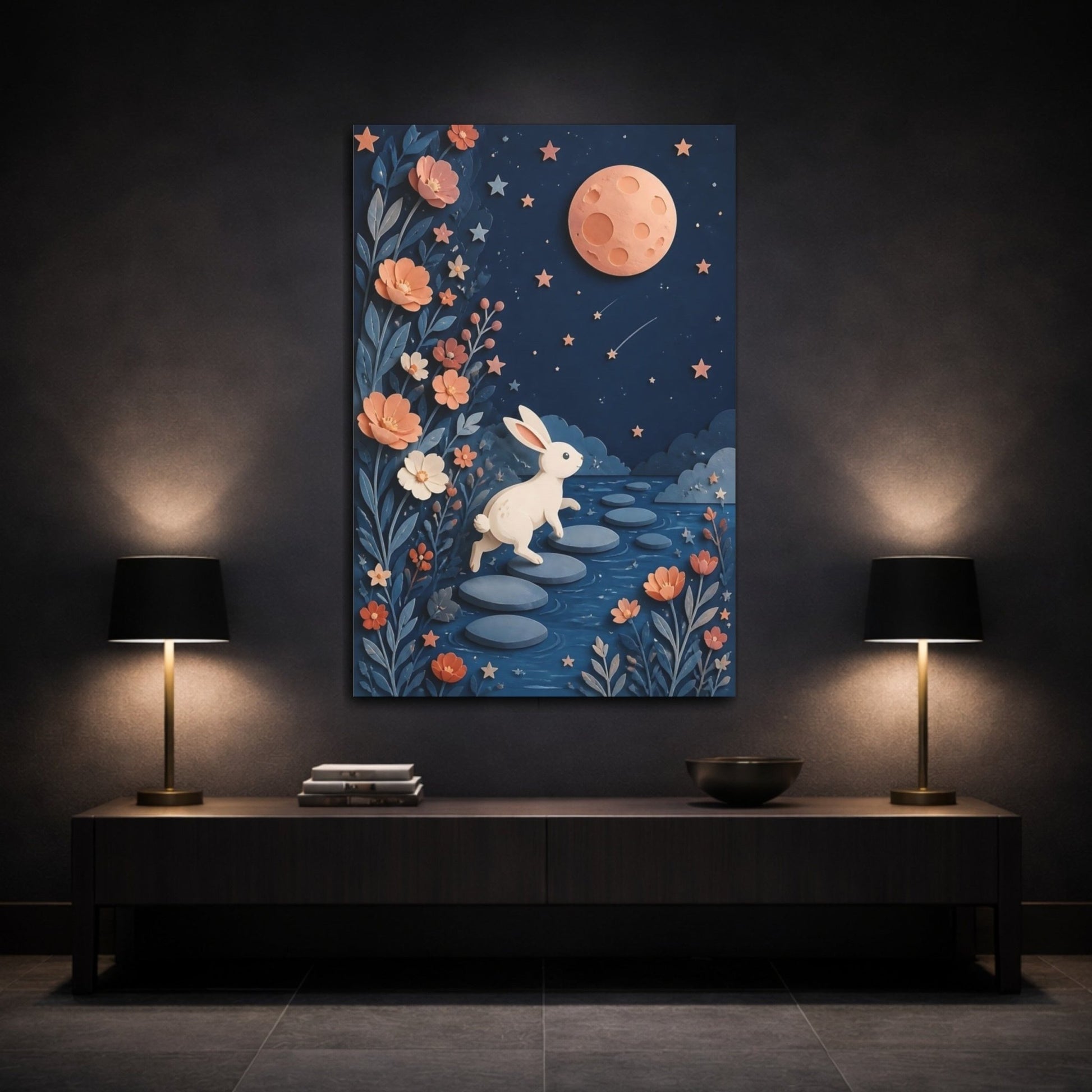 Moonlit Rabbit Adventure Canvas Print – Kids Room, Above Crib - YesArtYes