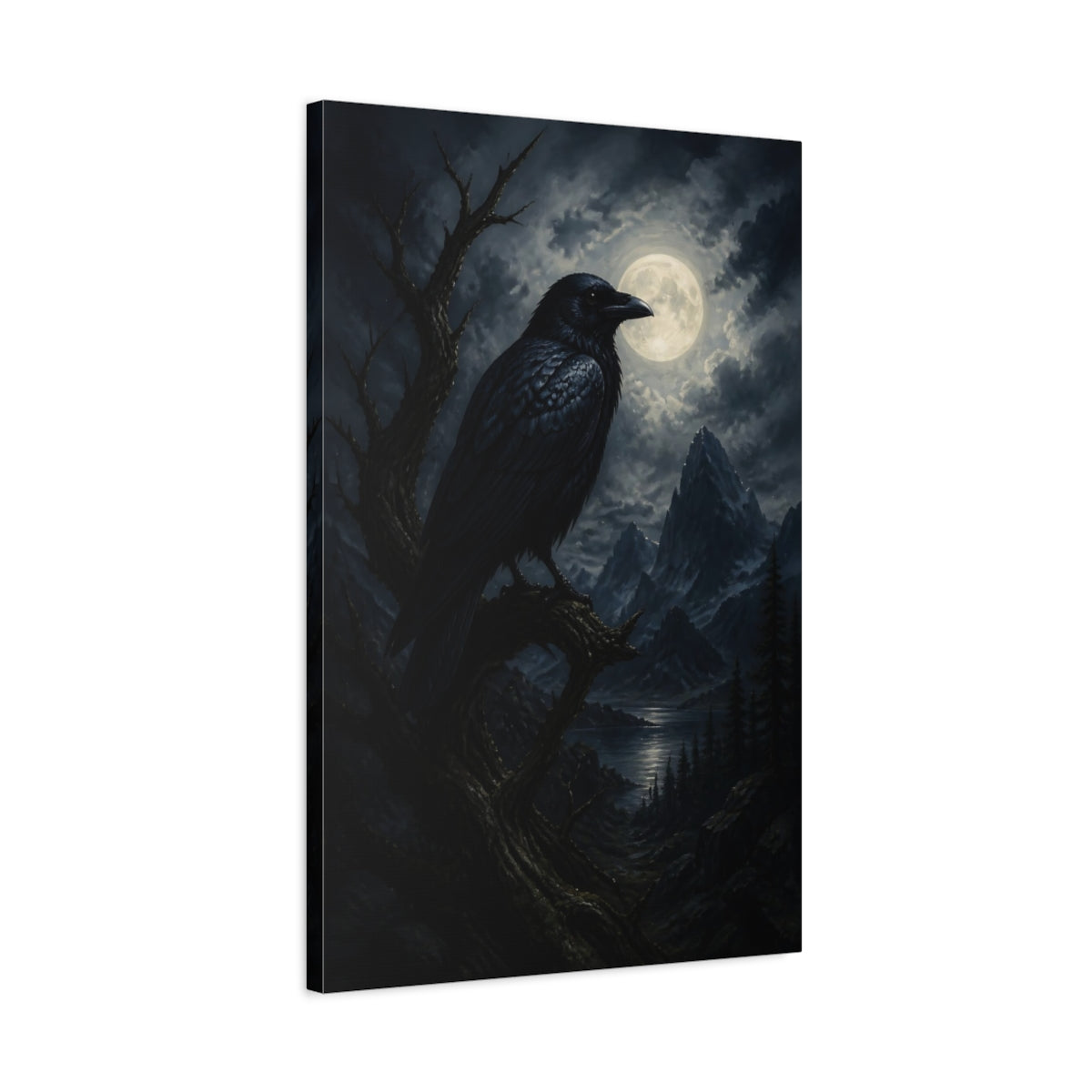 Side Mockup 2. Moonlit Raven At Night shown as canvas print