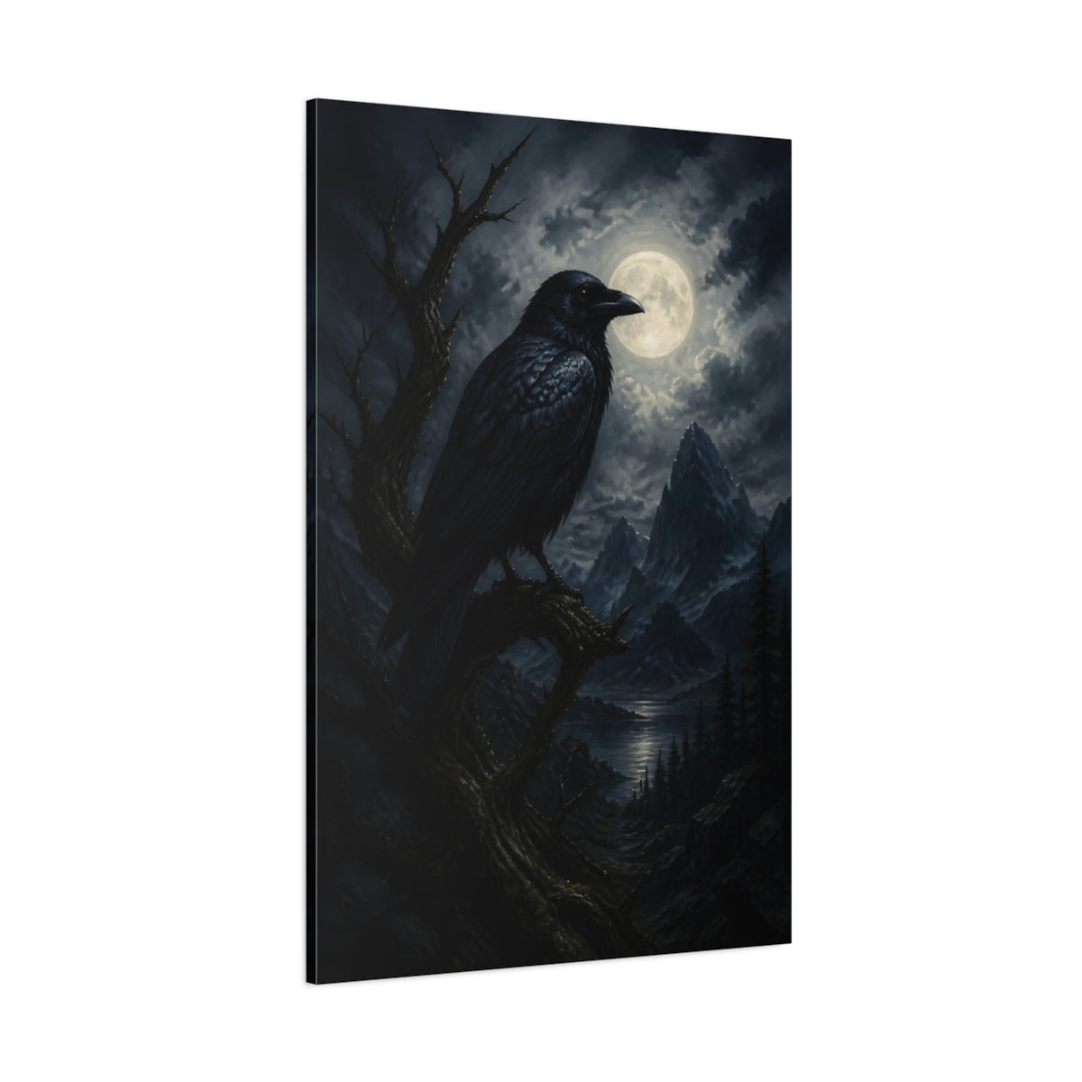 Side Mockup 1. Moonlit Raven At Night shown as canvas print